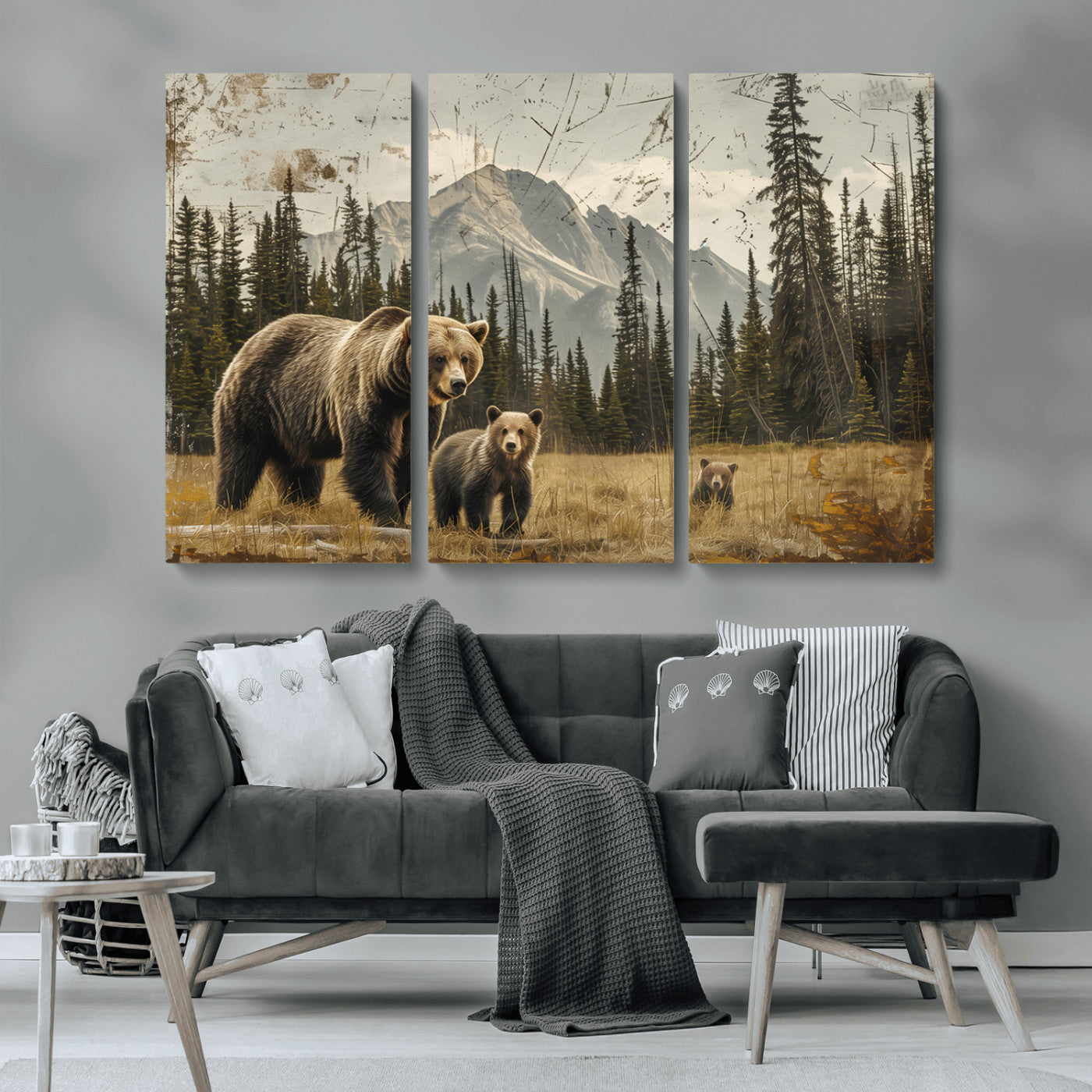MGV-CV-48X32-3P - Rustic Grizzly 399 Bear Family Wall Art Canvas Print