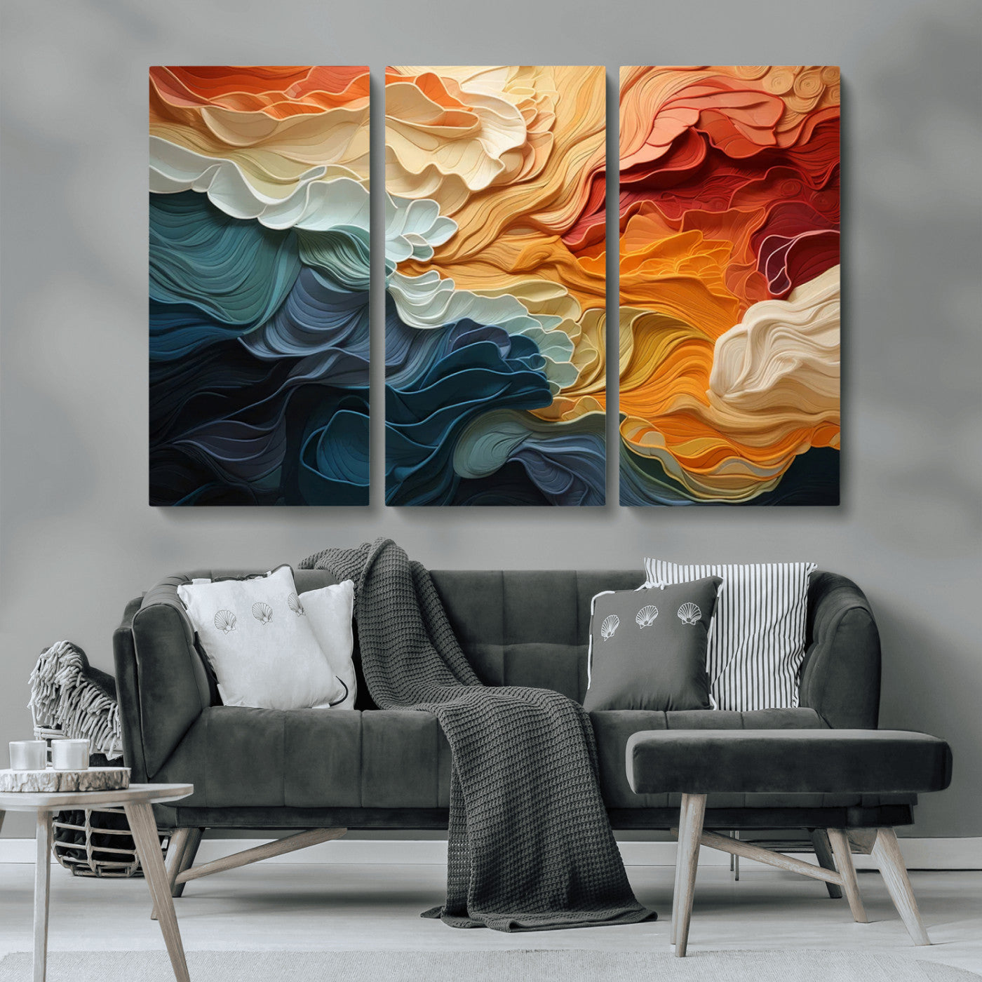 MGV-CV-48X32-3P - Blue Orange Abstract Wave Wall Art Canvas Print, Framed Blue Orange Wave Wall Art