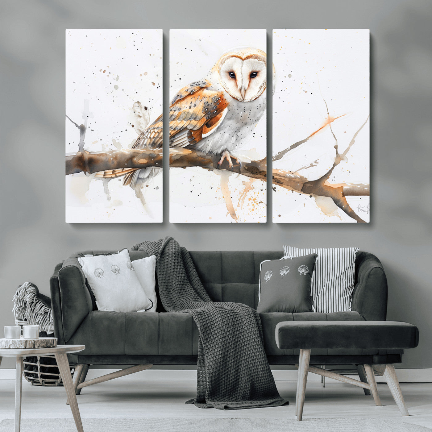 MGV-CV-48X32-3P - Barn Owl Wall Art on Branch | Stunning Canvas Print for Nature Lovers | Ready to Hang and Framed