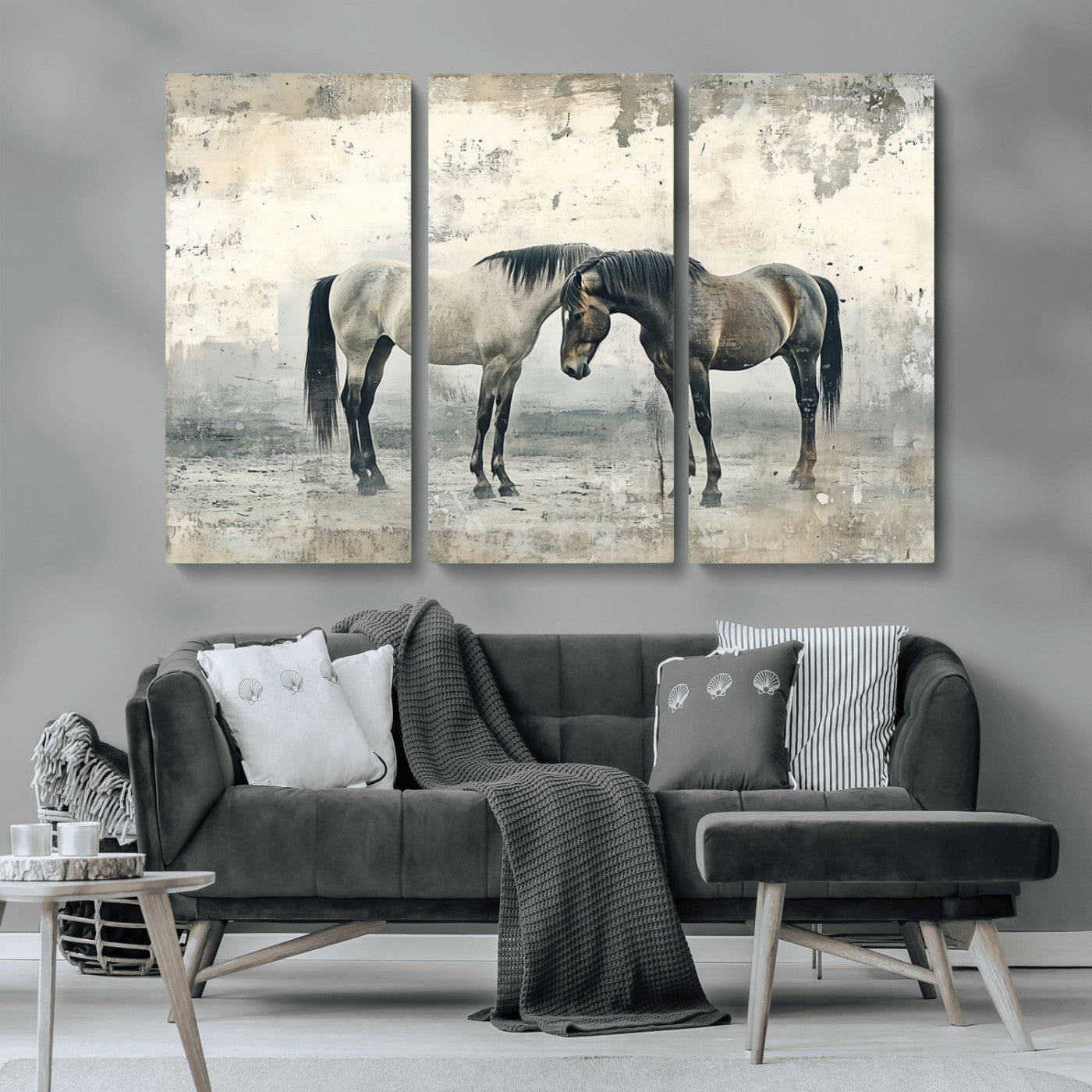 MGV-CV-48X32-3P - Chines Style Majestic Horses Wall Art | Ready to Hang and Framed Triptych Print | Western Farmhouse