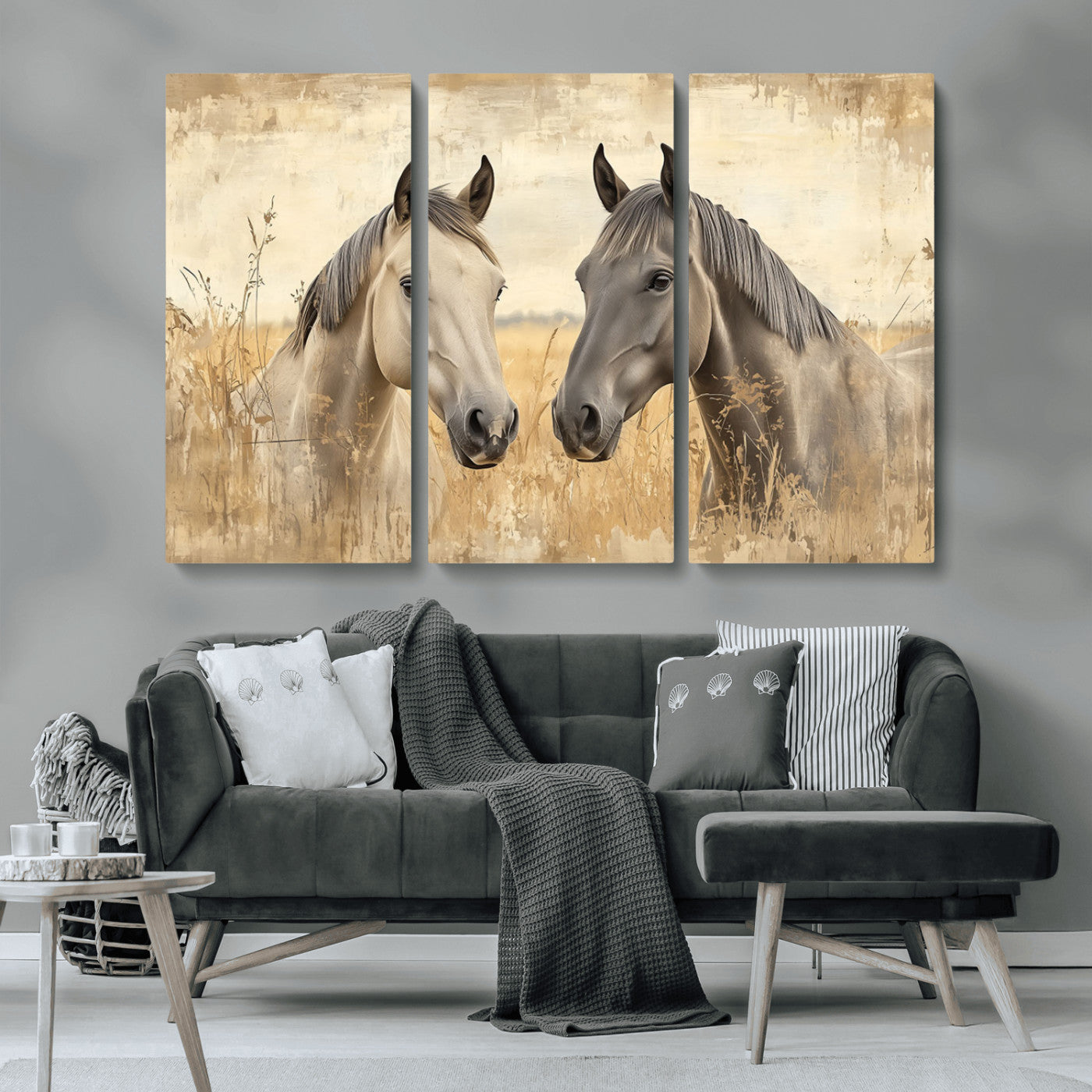 MGV-CV-48X32-3P - Chines Ink Style Grunge Horses Wall Art Canvas Print