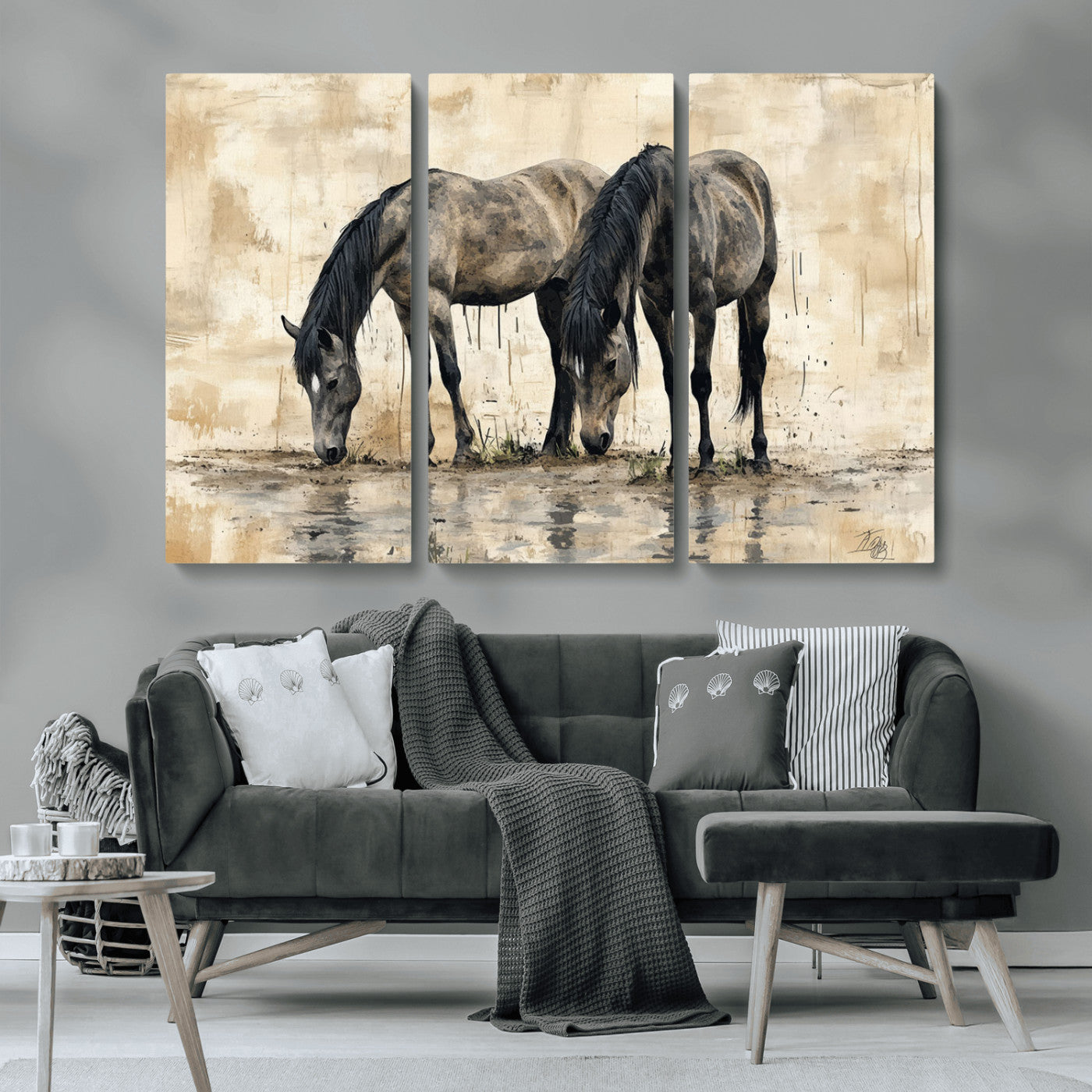 MGV-CV-48X32-3P - Chinese Style Abstract Black Horses Wall Art Canvas Print - Abstract Horse Wall Art Canvas Print