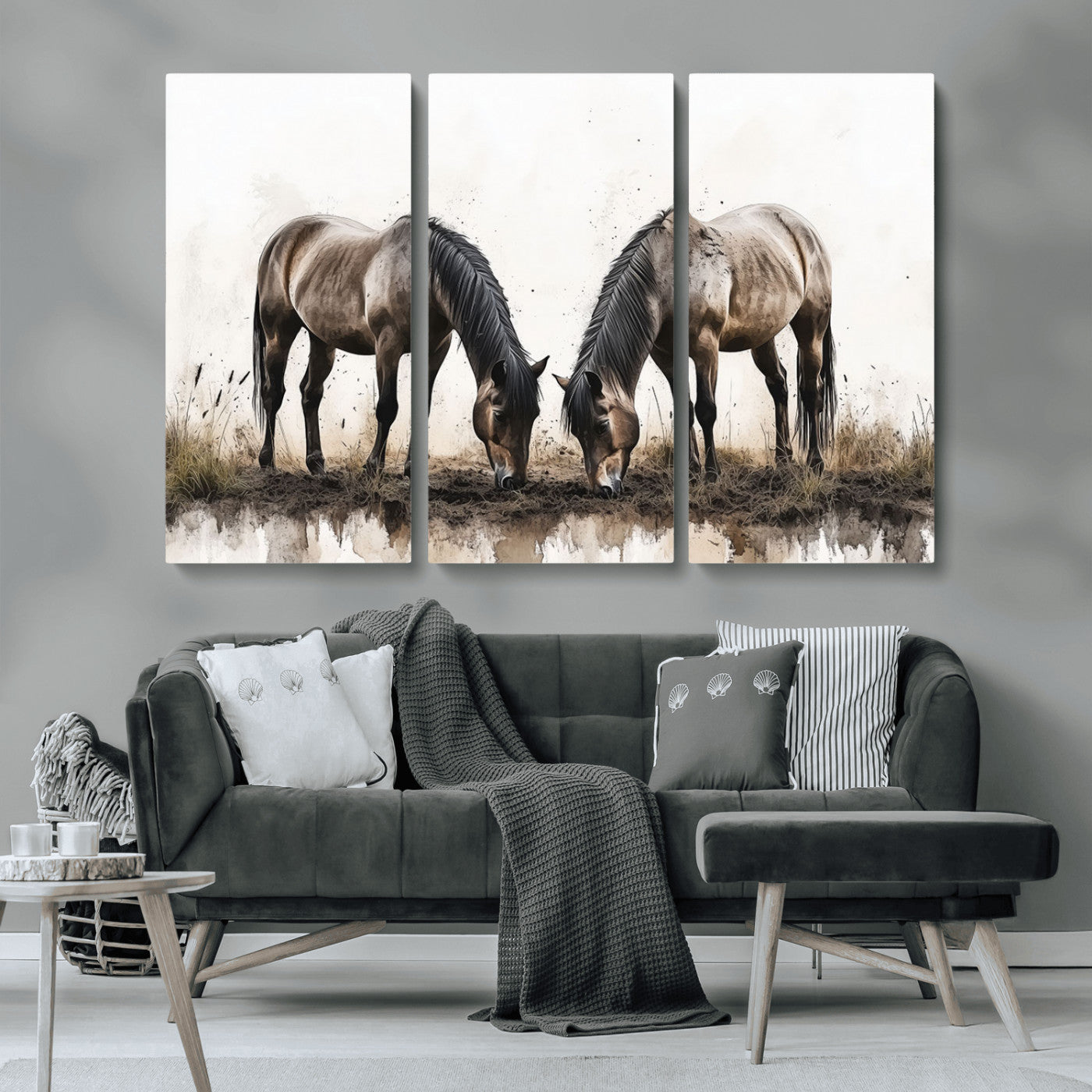 MGV-CV-48X32-3P - Chines Ink Style Horses Wall Art Canvas Print