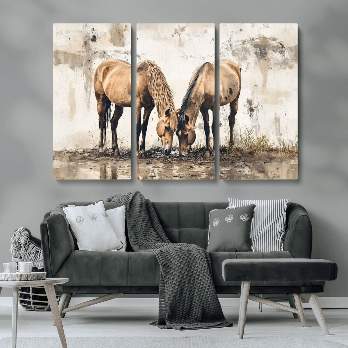 MGV-CV-48X32-3P - Vintage Horses Wall Art | Ready to Hang and Framed Triptych | Western Farmhouse Wall Decor for