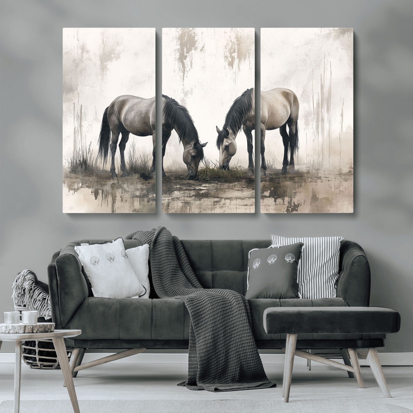 MGV-CV-48X32-3P - Chines Ink Style Vintage Horses Wall Art Canvas Print for Farmhouse Wall Decor