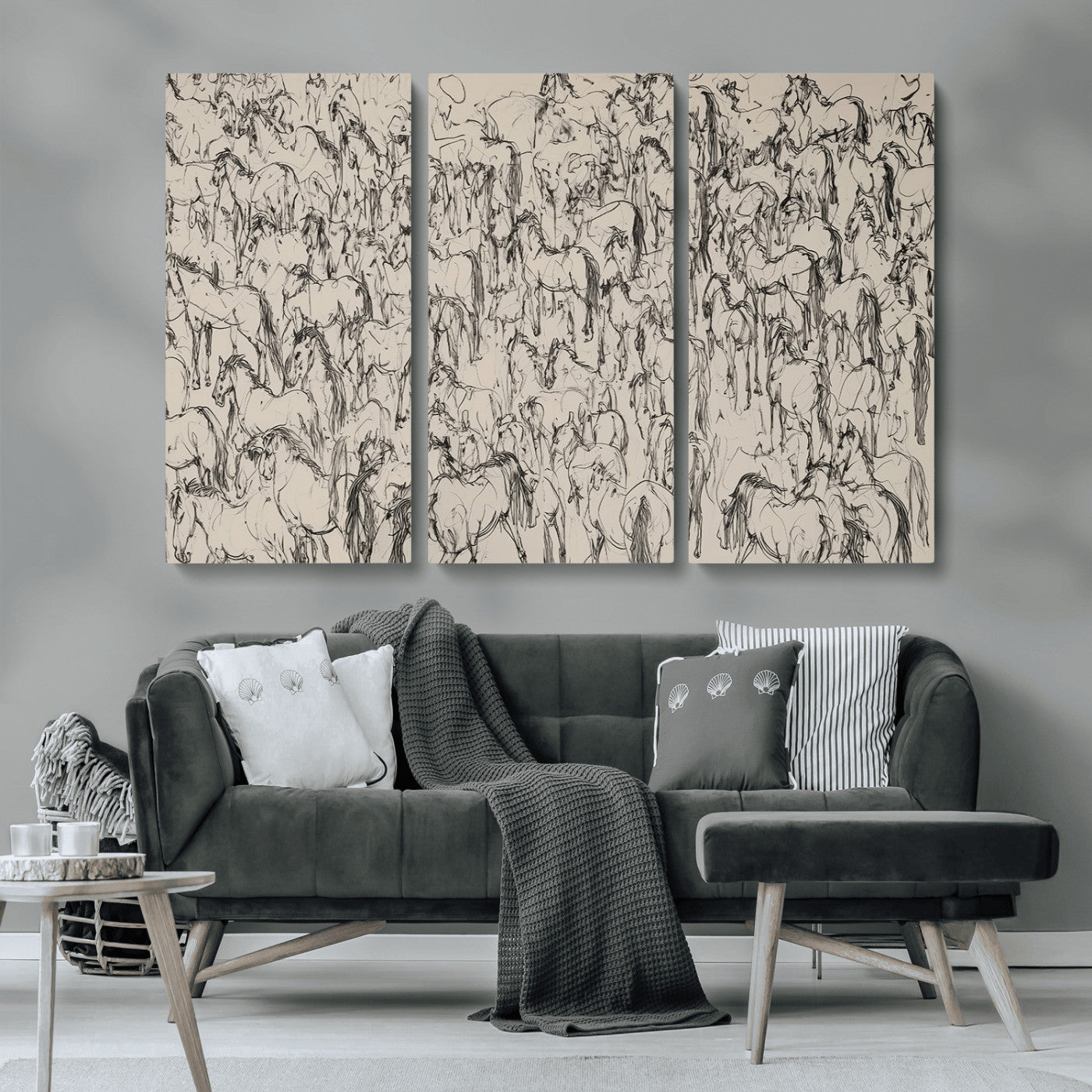 MGV-CV-48X32-3P - Abstract Horse Sketch Wall Art | Ready to Hang and Framed | Farmhouse Wall Decor for Living Room or