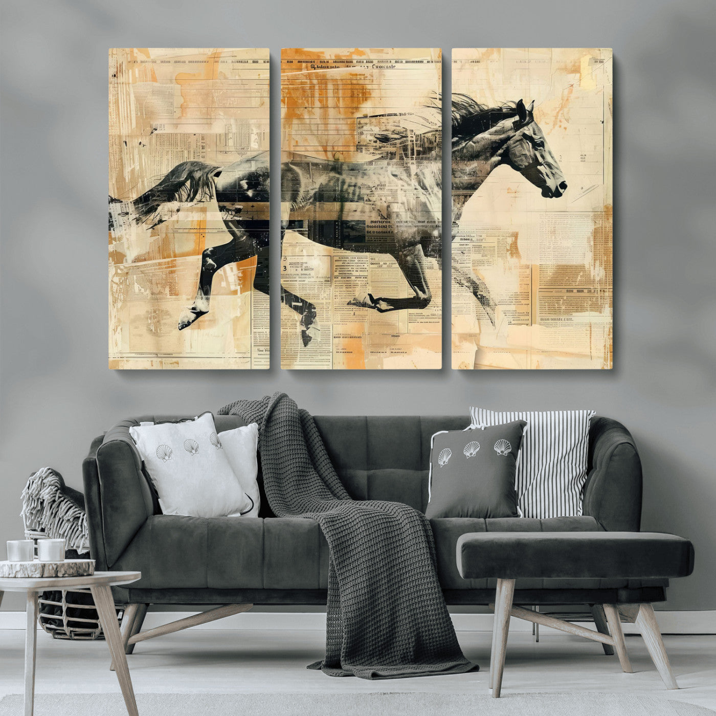 MGV-CV-48X32-3P - Chines Style Running Horse Western Wall Art | Farmhouse Wall Decor | Ready to Hang Framed Canvas