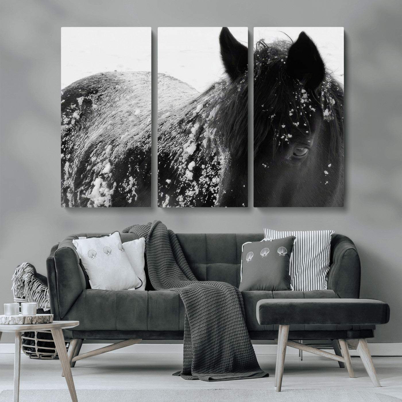 MGV-CV-48X32-3P - Black Horse in Snow Canvas Print | Winter Horse Wall Art | Ready to Hang and Framed | Farmhouse Wall