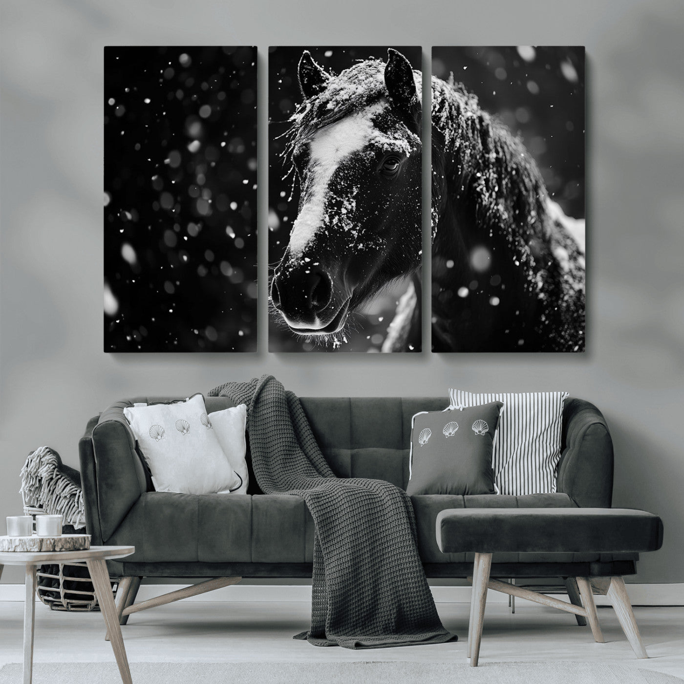 MGV-CV-48X32-3P - Winter Horse Wall Art | Black and White Horse Print | Ready to Hang and Framed | Farmhouse Wall Art
