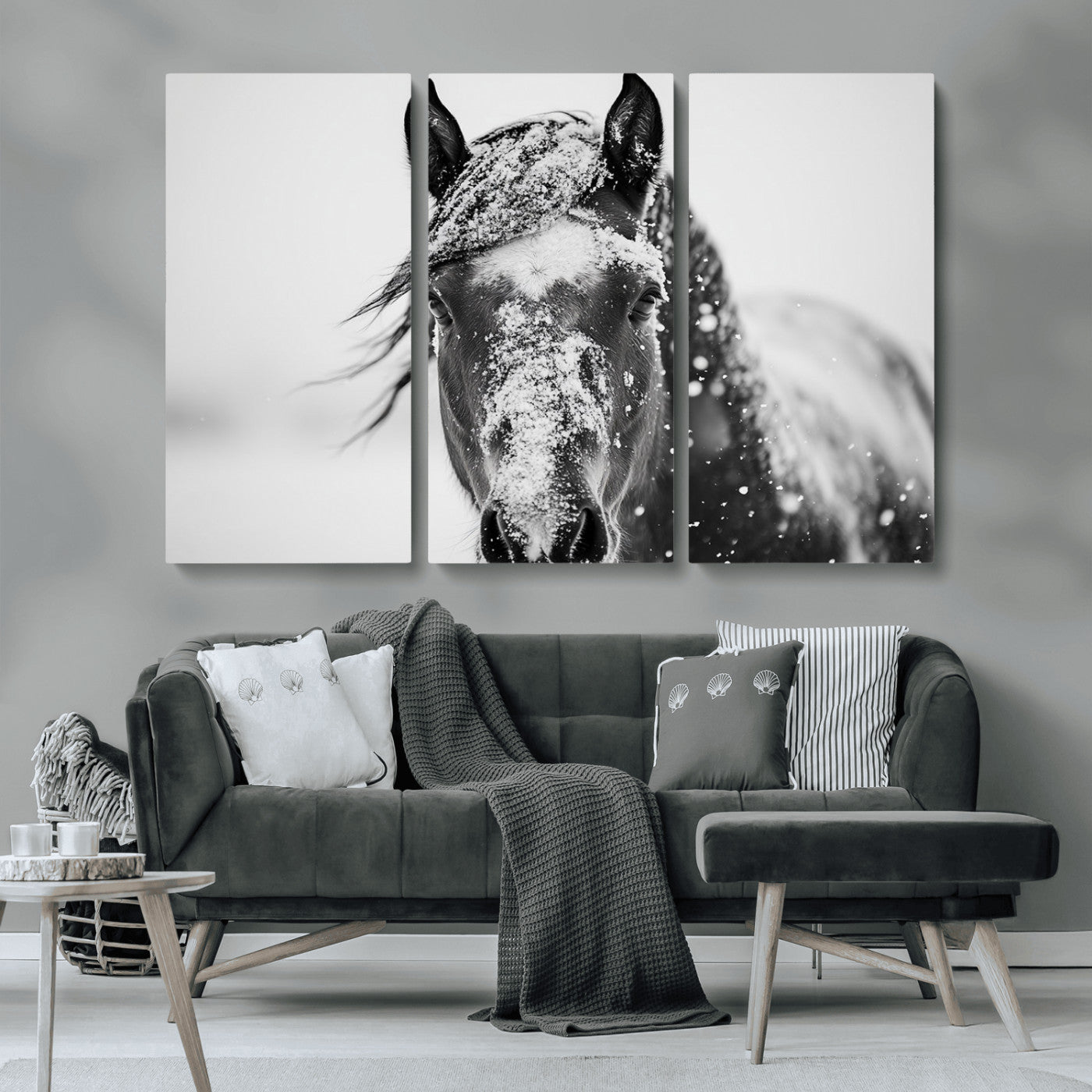 MGV-CV-48X32-3P - Western Wall Art | Black and White Winter Horse Wall Art | Ready to Hang and Framed | Farmhouse and