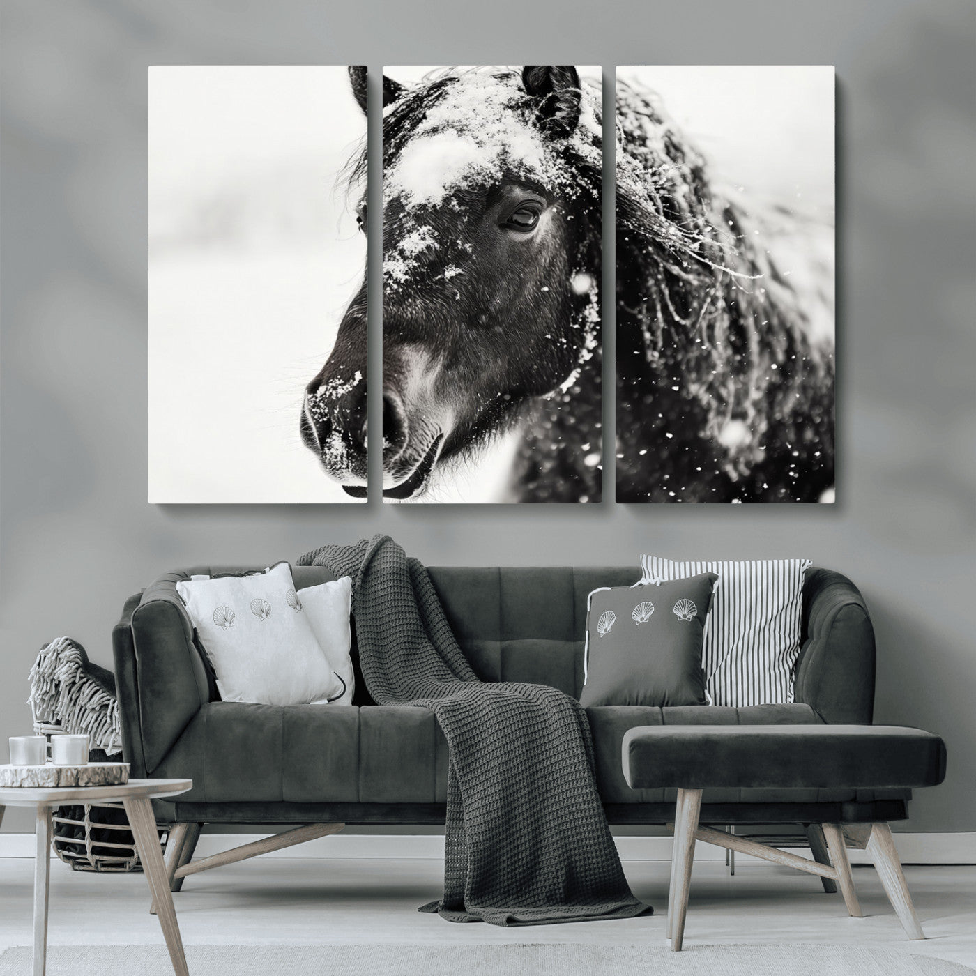 MGV-CV-48X32-3P - Framed Black and White Horse Wall Art | Ready to Hang and Framed | Farmhouse and Western Wall Decor