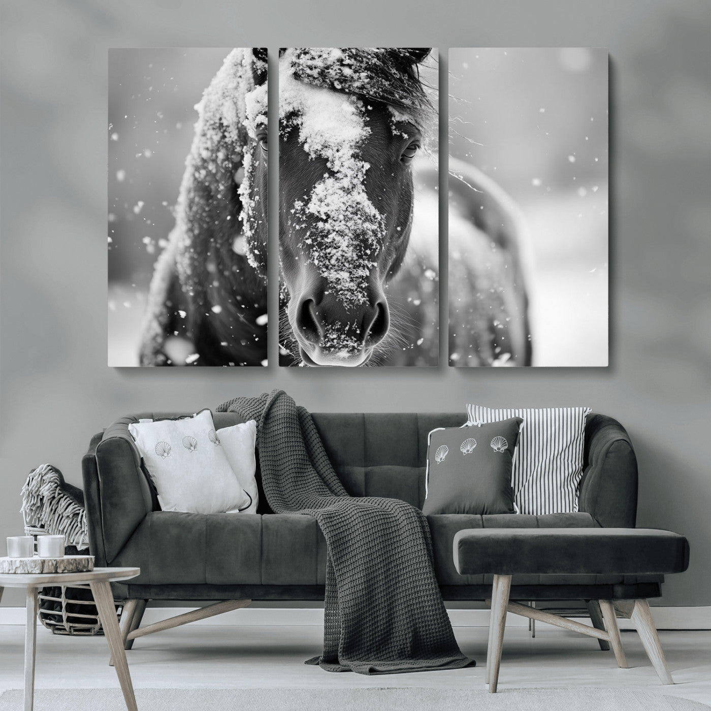 MGV-CV-48X32-3P - Black and White Horse Winter Wall Art | Ready to Hang and Framed | Farmhouse Wall Decor | Western