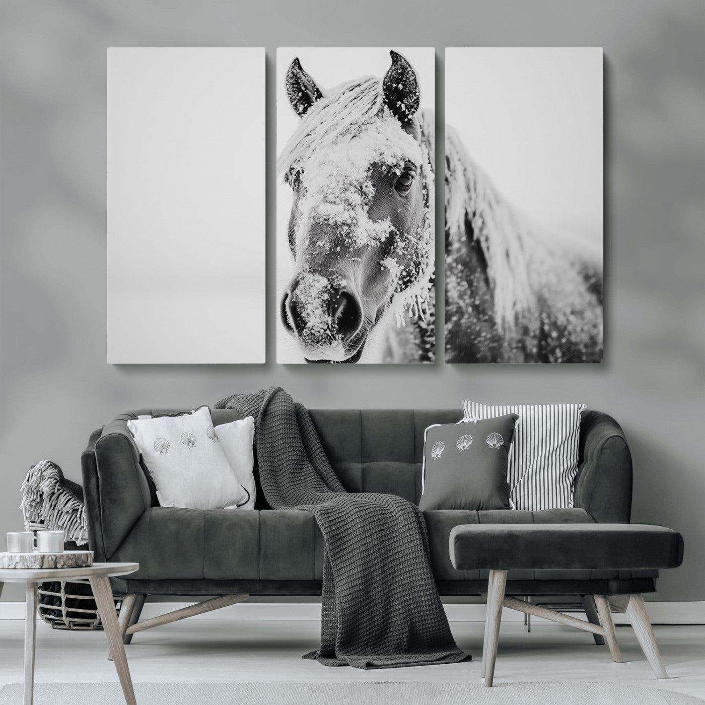 MGV-CV-48X32-3P - White Horse Wall Art | Ready to Hang and Framed | Winter Horse Wall Art Print for Farmhouse and