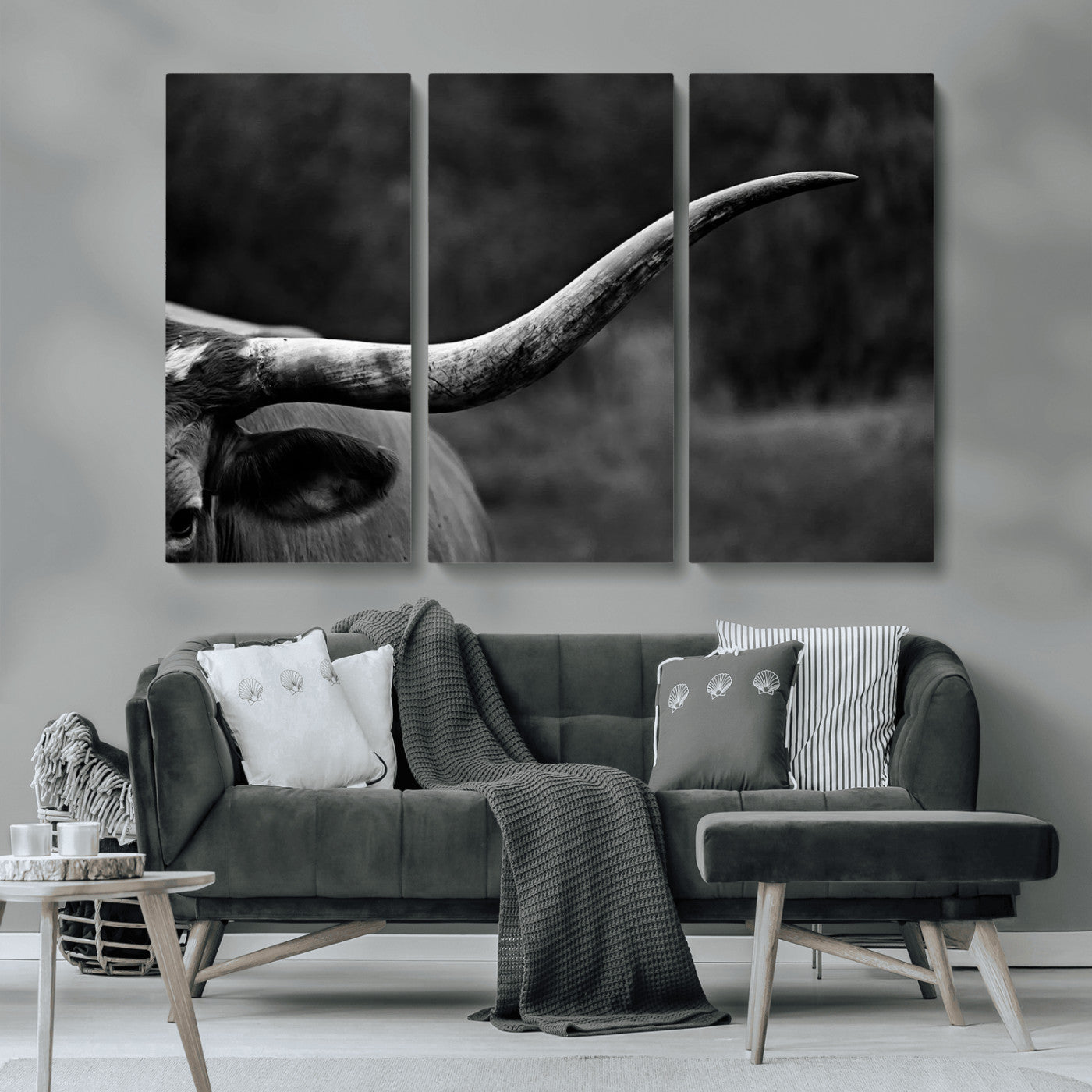 MGV-CV-48X32-3P - Cow Longhorn Wall Art | Black and White Print | Ready to Hang and Framed | Farmhouse Wall Decor |