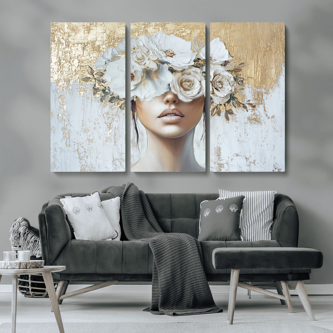 MGV-CV-48X32-3P - Golden Petal Wall Art - Canvas Print Flower Head Woman Painting Floral Woman Portrait Wall Decor,
