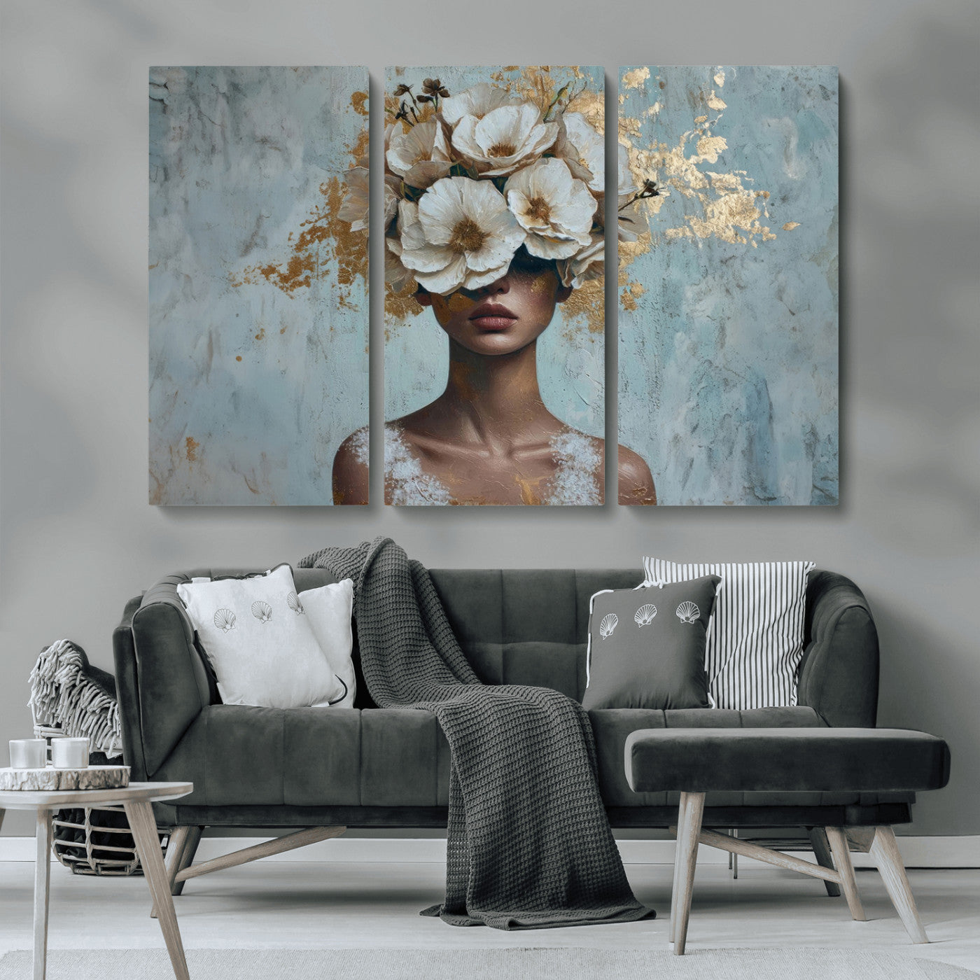 MGV-CV-48X32-3P - Golden Petal Wall Art - Petal Silhouette Woman Wall Art Canvas Print | Large 3-Panel Canvas with