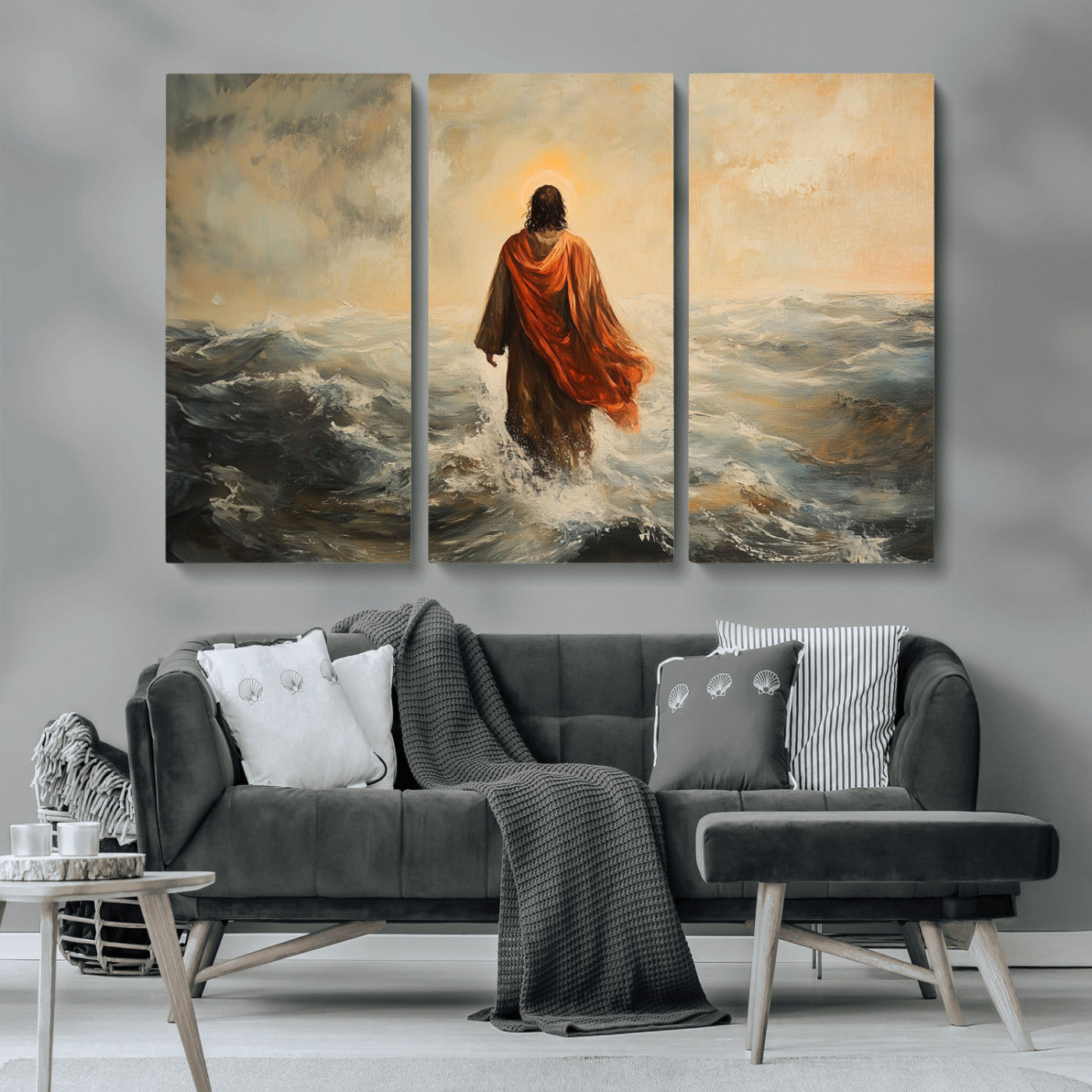 MGV-CV-48X32-3P - Jesus Walking on Water, Christian Wall Art, Jesus Christ Walking on Oil Painting Style Print