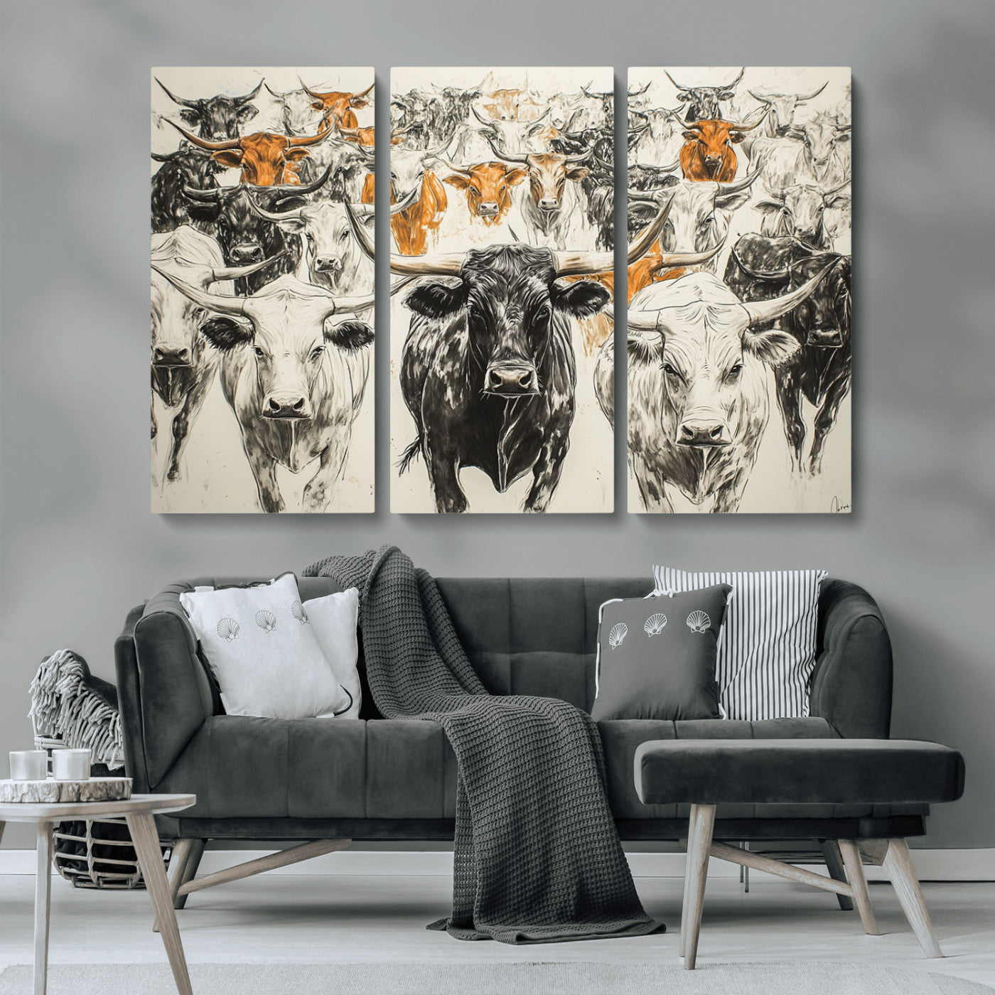 MGV-CV-48X32-3P - Texas Longhorn Wall Art - Herd Canvas Wall Art Print - Abstract Cow Drawing Wall Art Print for