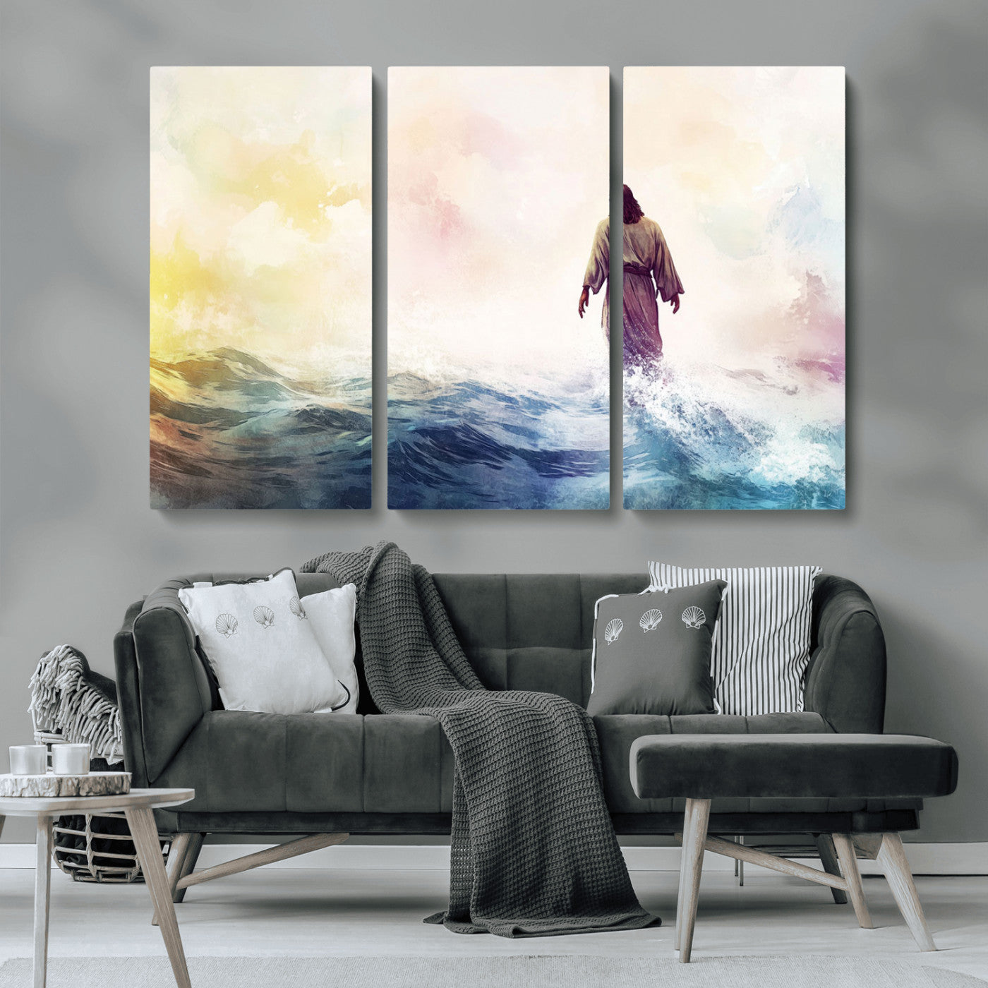 MGV-CV-48X32-3P - Watercolor Jesus Walking on Water Canvas Print, Christian Wall Art, Jesus Christ Walking