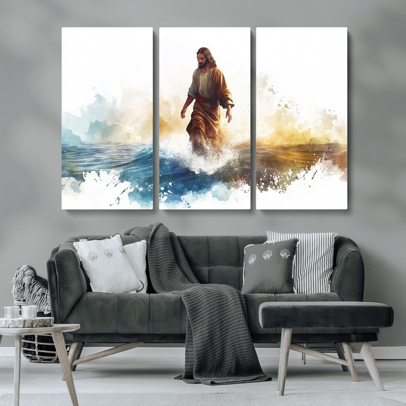 MGV-CV-48X32-3P - Watercolor Jesus Walking Wall Art Print, Jesus Water Canvas Print, Christian Wall Art, Jesus Christ
