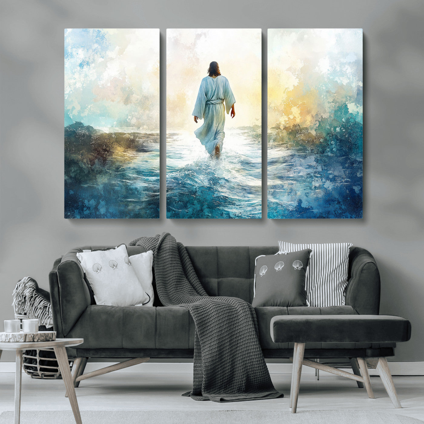 MGV-CV-48X32-3P - Watercolor Jesus Walking on Water Canvas Print, Christian Wall Art, Jesus Christ Walking