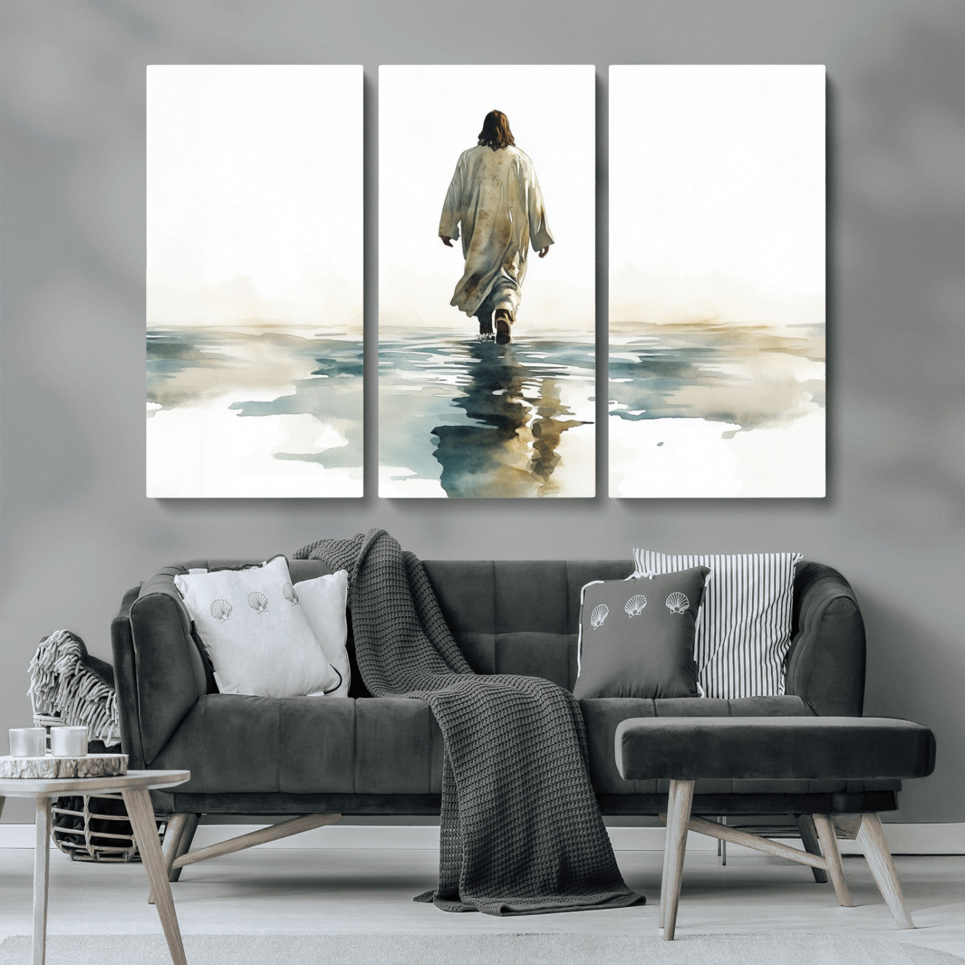 MGV-CV-48X32-3P - Watercolor Jesus Walking on Water Canvas Print, Christian Wall Art, Jesus Christ Walking