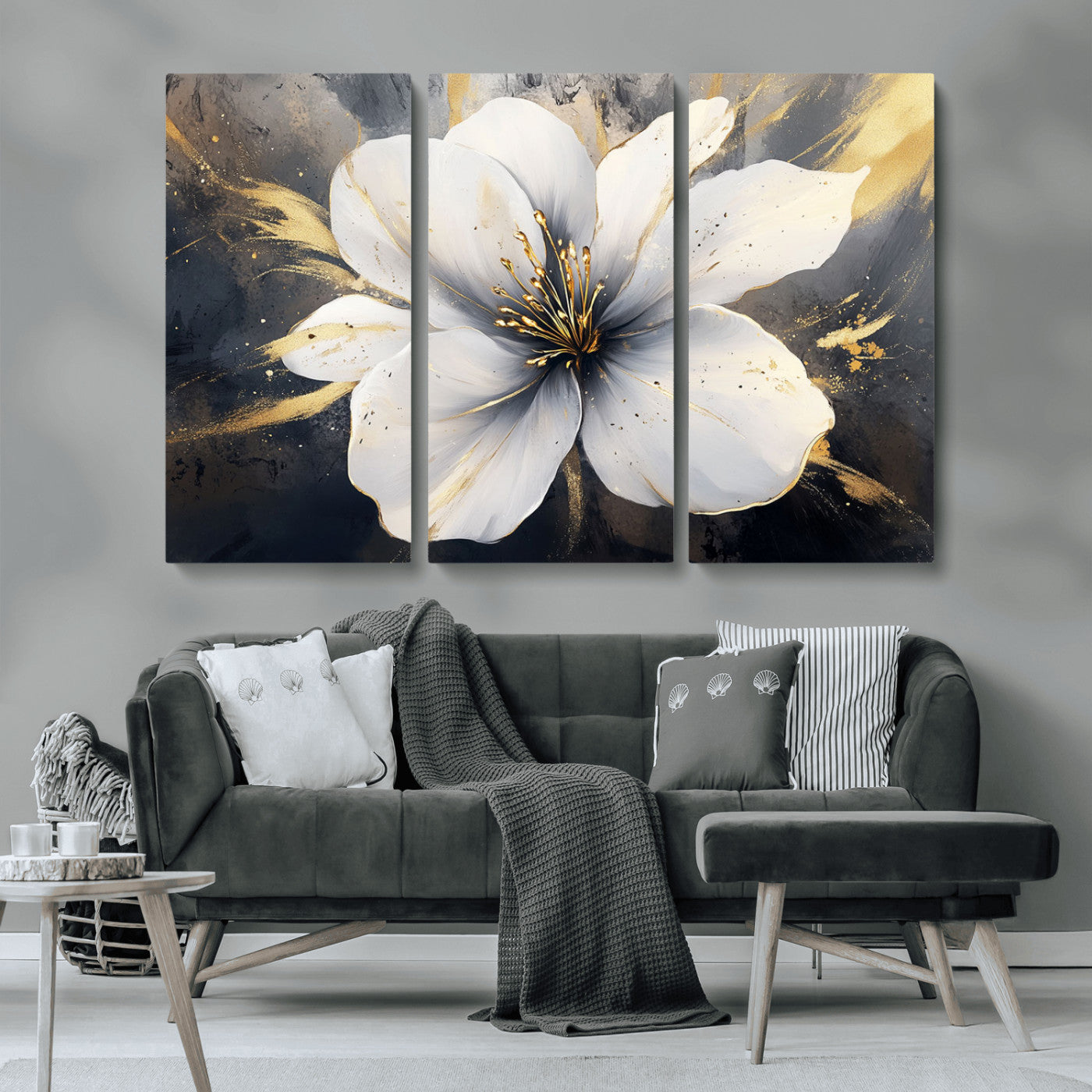 MGV-CV-48X32-3P - White Flower Wall Art Canvas Print | Ready to Hang | Abstract Floral Wall Decor | Elegant Bloom