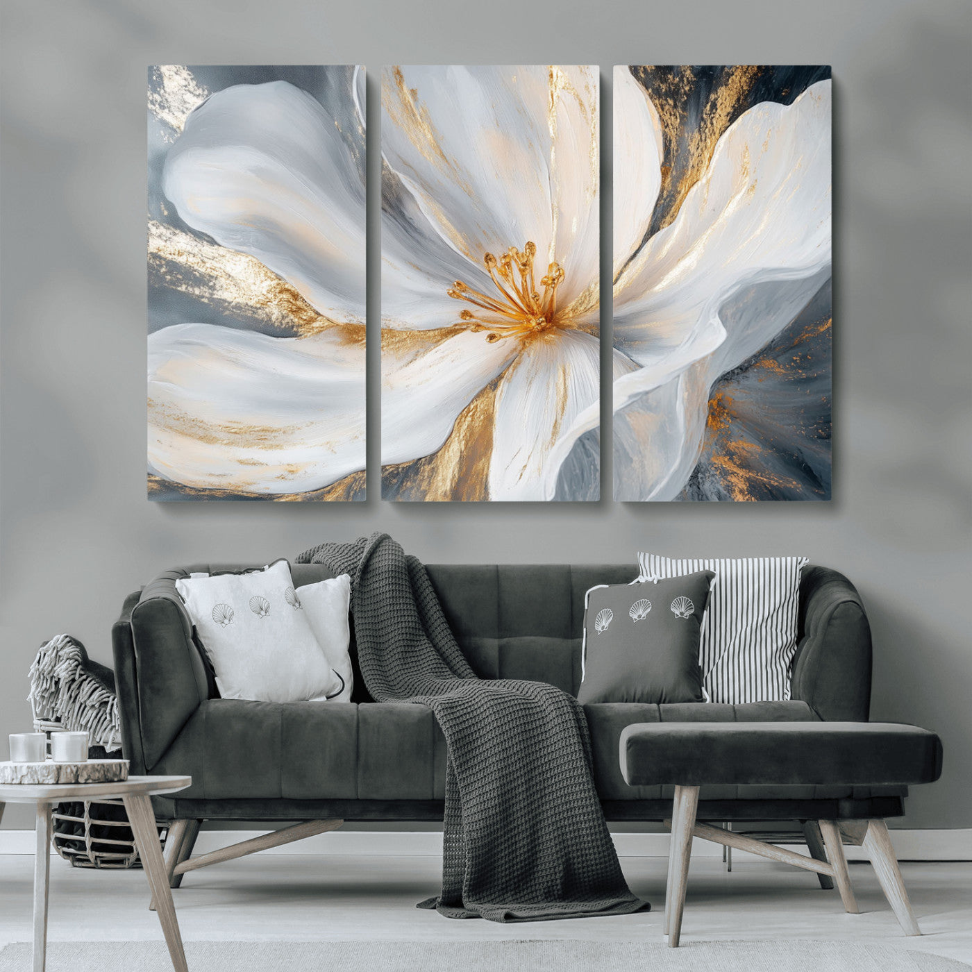 MGV-CV-48X32-3P - White and Gold Floral Canvas Wall Art - Framed and Ready to Hang - Perfect for Modern Living Rooms