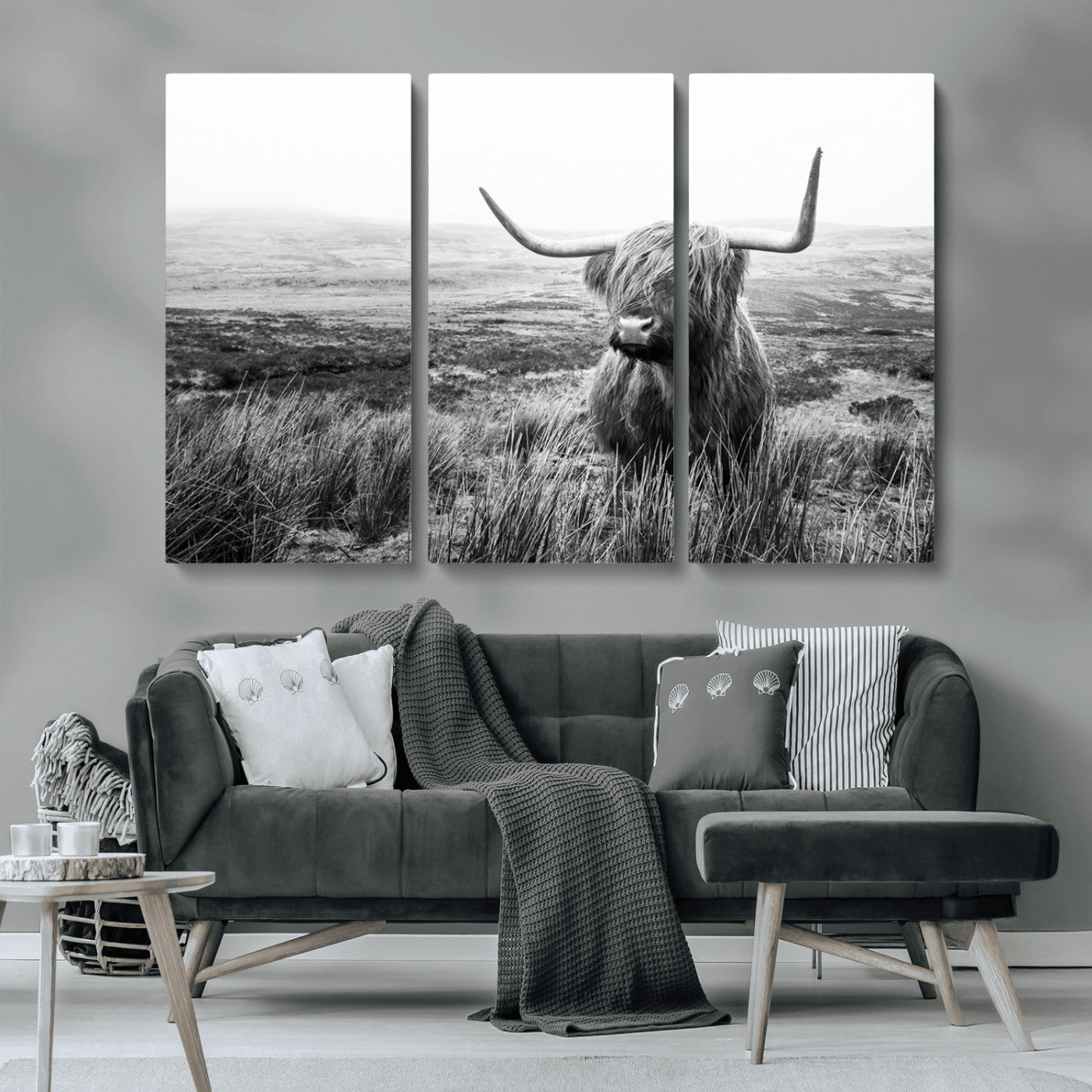 MGV-CV-48X32-3P - Scottish Highland Cow Wall Art | Black and White Canvas Print | Ready to Hang and Framed | Rustic