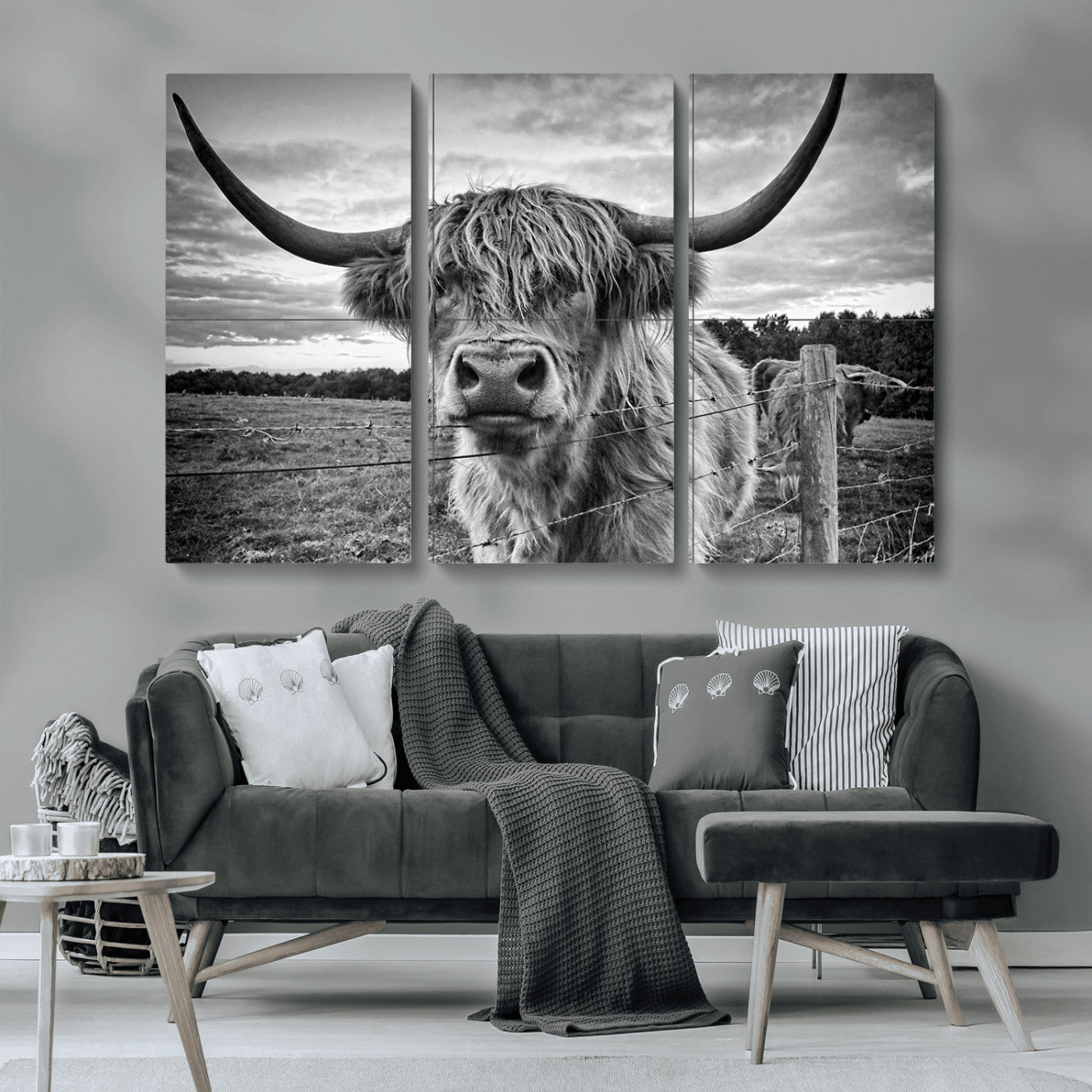 MGV-CV-48X32-3P - Scottish Highland Cow Wall Art Canvas Print | Ready to Hang and Framed | Rustic Farmhouse Decor