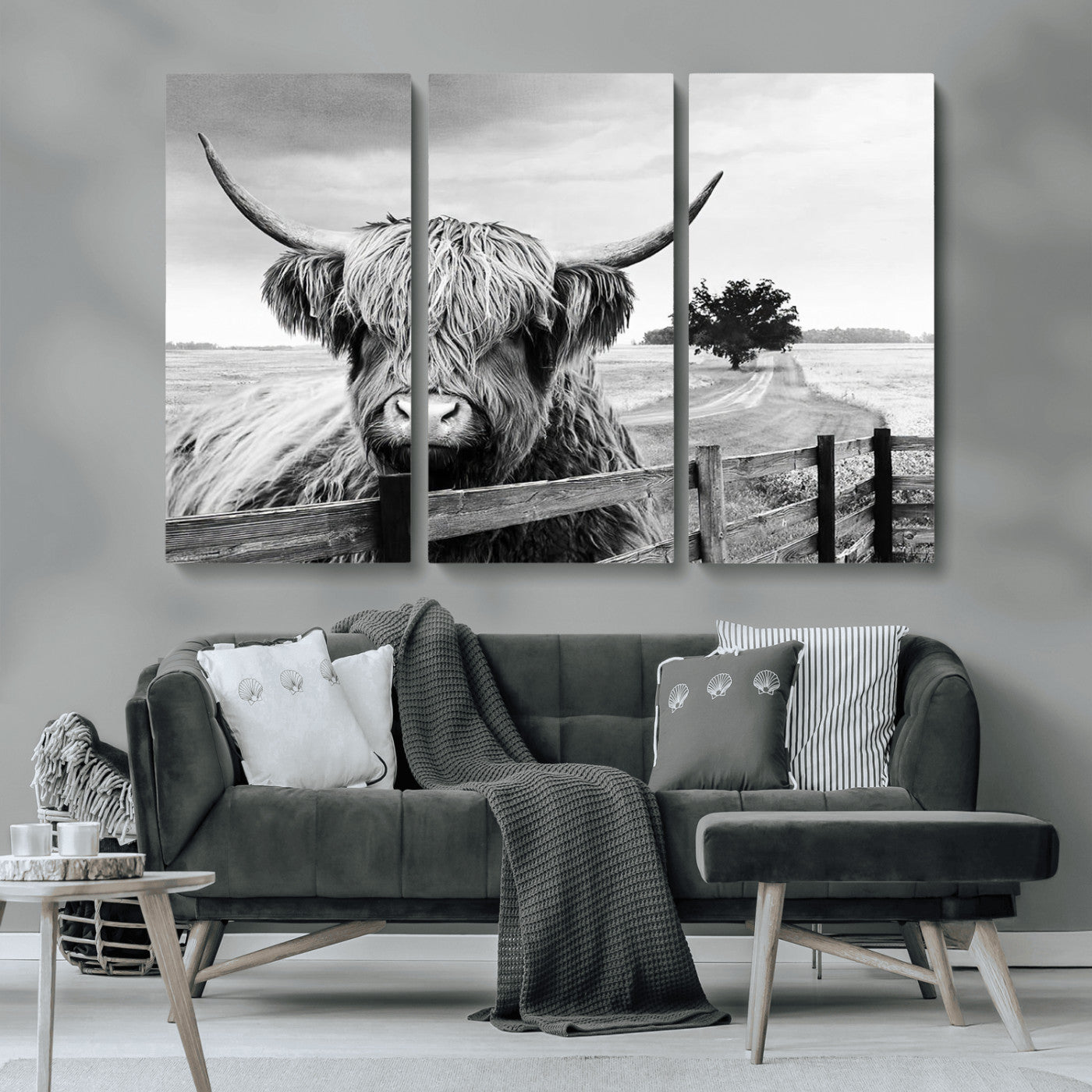 MGV-CV-48X32-3P - Scottish Highland Cow Wall Art | Rustic Farmhouse Décor | Black and White Ready to Hang Canvas Print
