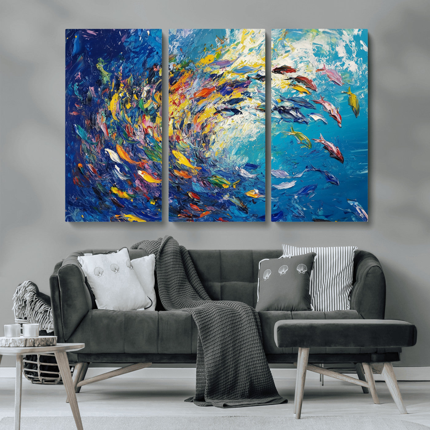 MGV-CV-48X32-3P - Colorful Swirling Fish School Wall Art Canvas Print | Oceanic Abstract Painting | Ready to Hang |