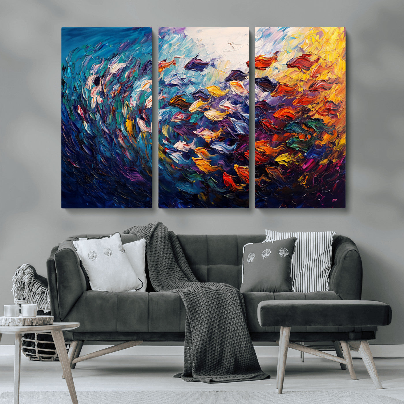MGV-CV-48X32-3P - Vibrant Abstract Fish Swarm Art – Colorful Fish Inspired 3-Piece Canvas Wall Art for Living Room or