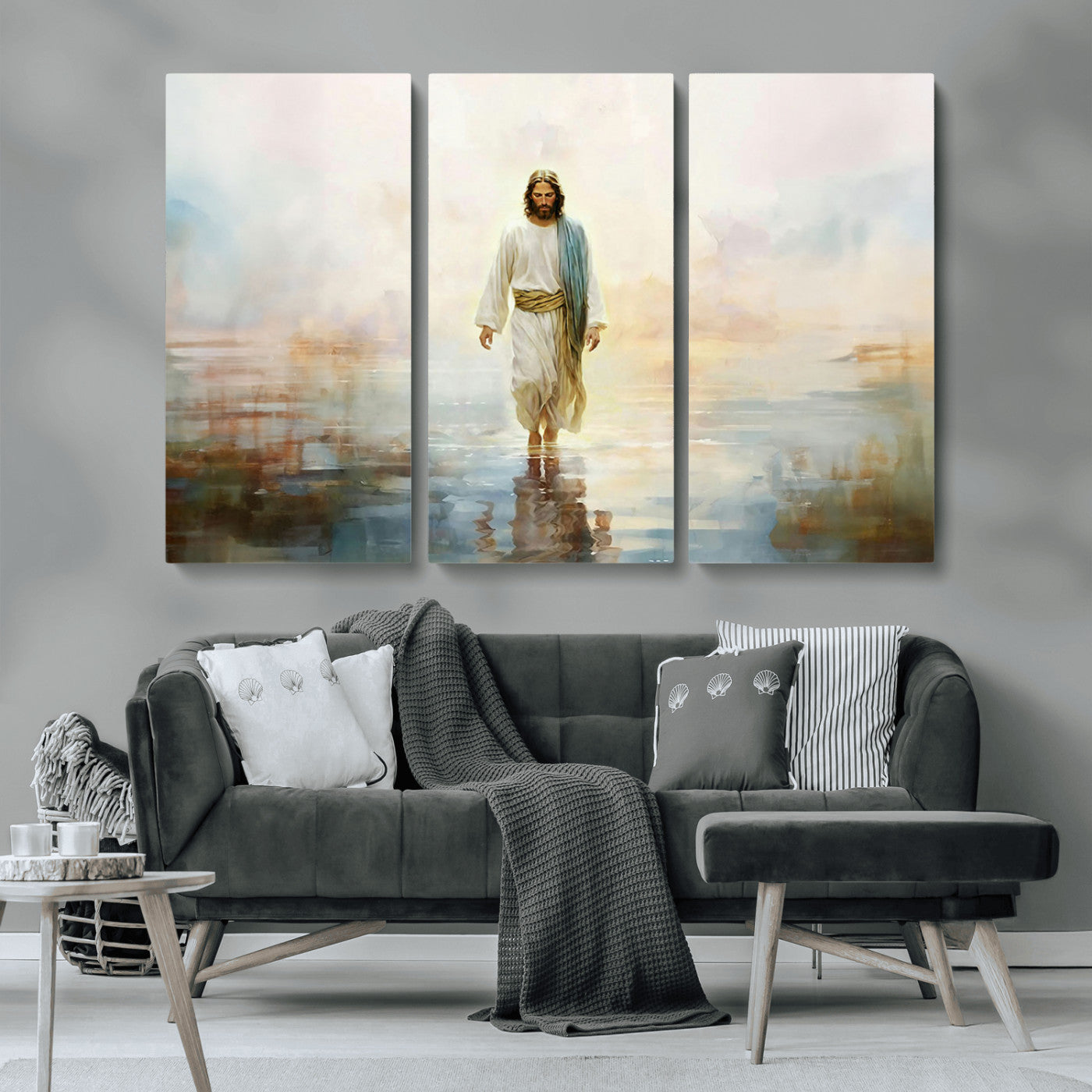 MGV-CV-48X32-3P - Framed Jesus Walking on Water Wall Art - 3-Panel Christian Canvas Prints, Religious Artwork for
