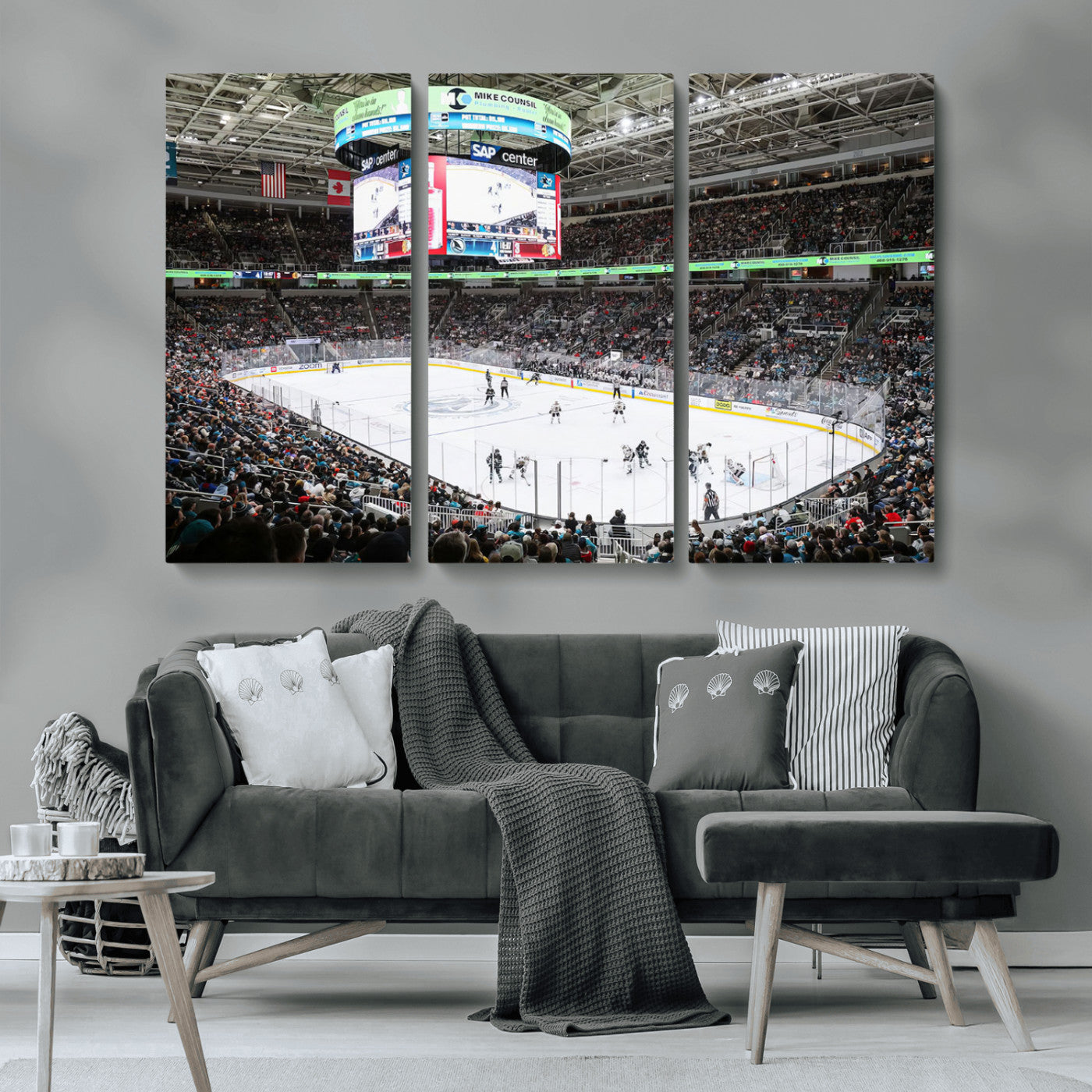 MGV-CV-48X32-3P - Sharks Arena Blackhawks Sharks Ice Hockey Stadium Wall Art Canvas Print, Framed Blackhawks Sharks