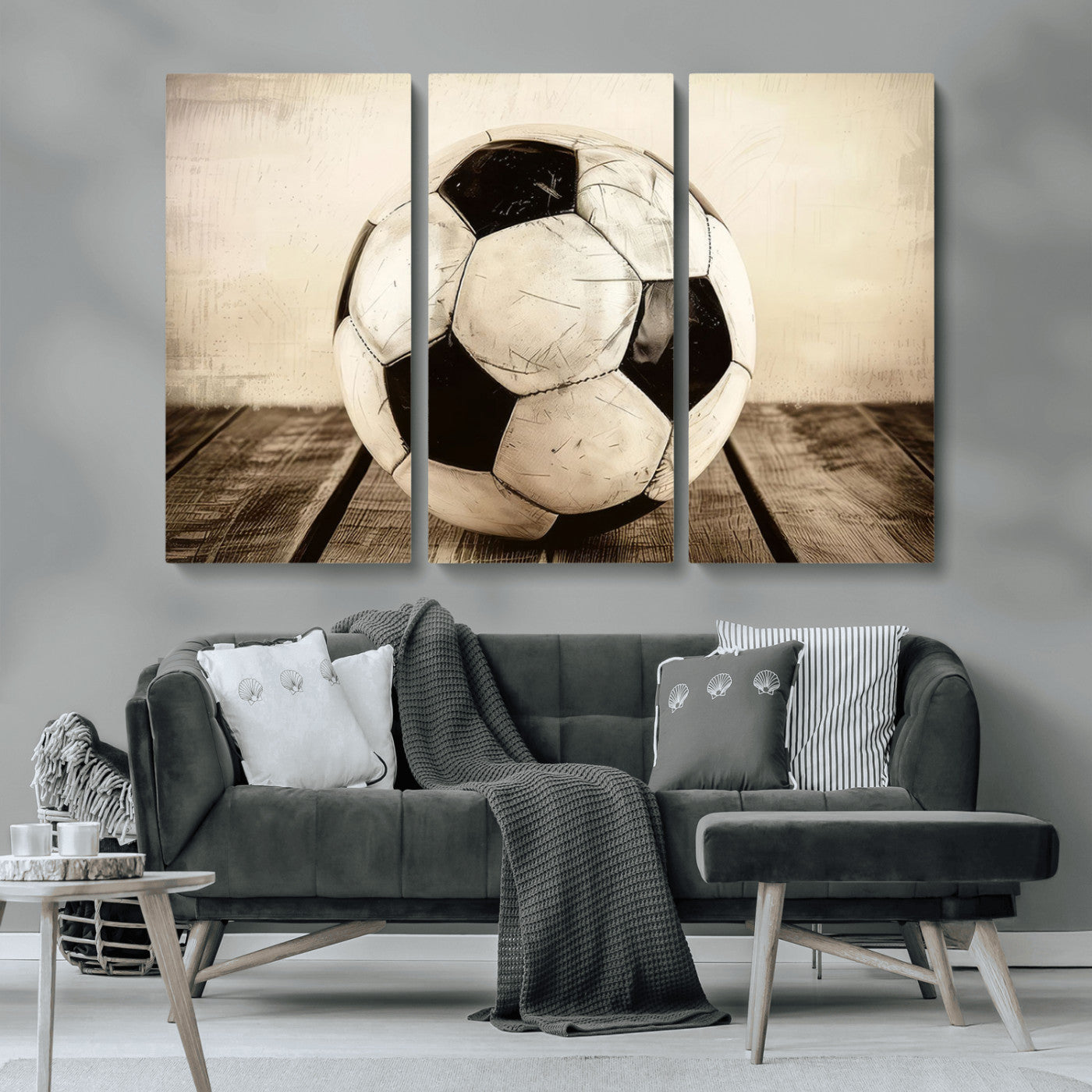 MGV-CV-48X32-3P - Vintage Soccer Ball Wall Decor Canvas Art – 3-Panel Soccer Wall Decor, Framed and Ready to Hang