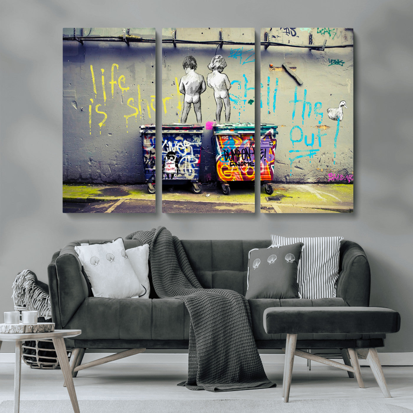 MGV-CV-48X32-3P - Banksy Life is Short Wall Art - Iconic Graffiti Art on Framed Ready-to-Hang Canvas - Street Art