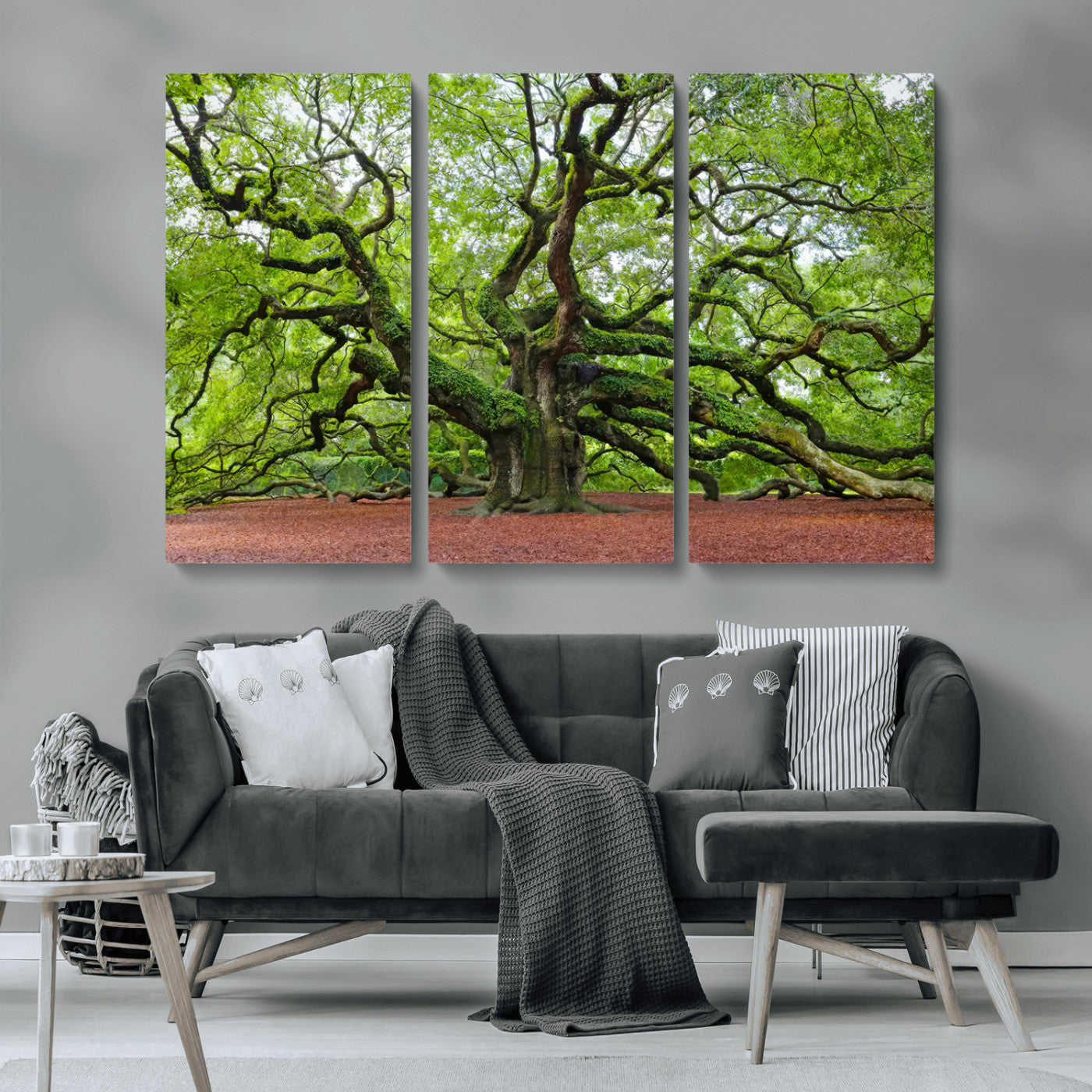 MGV-CV-48X32-3P - Framed Angel Oak Tree Wall Art - 3-Panel Canvas Prints, Large Green Nature Artwork, Ready to Hang