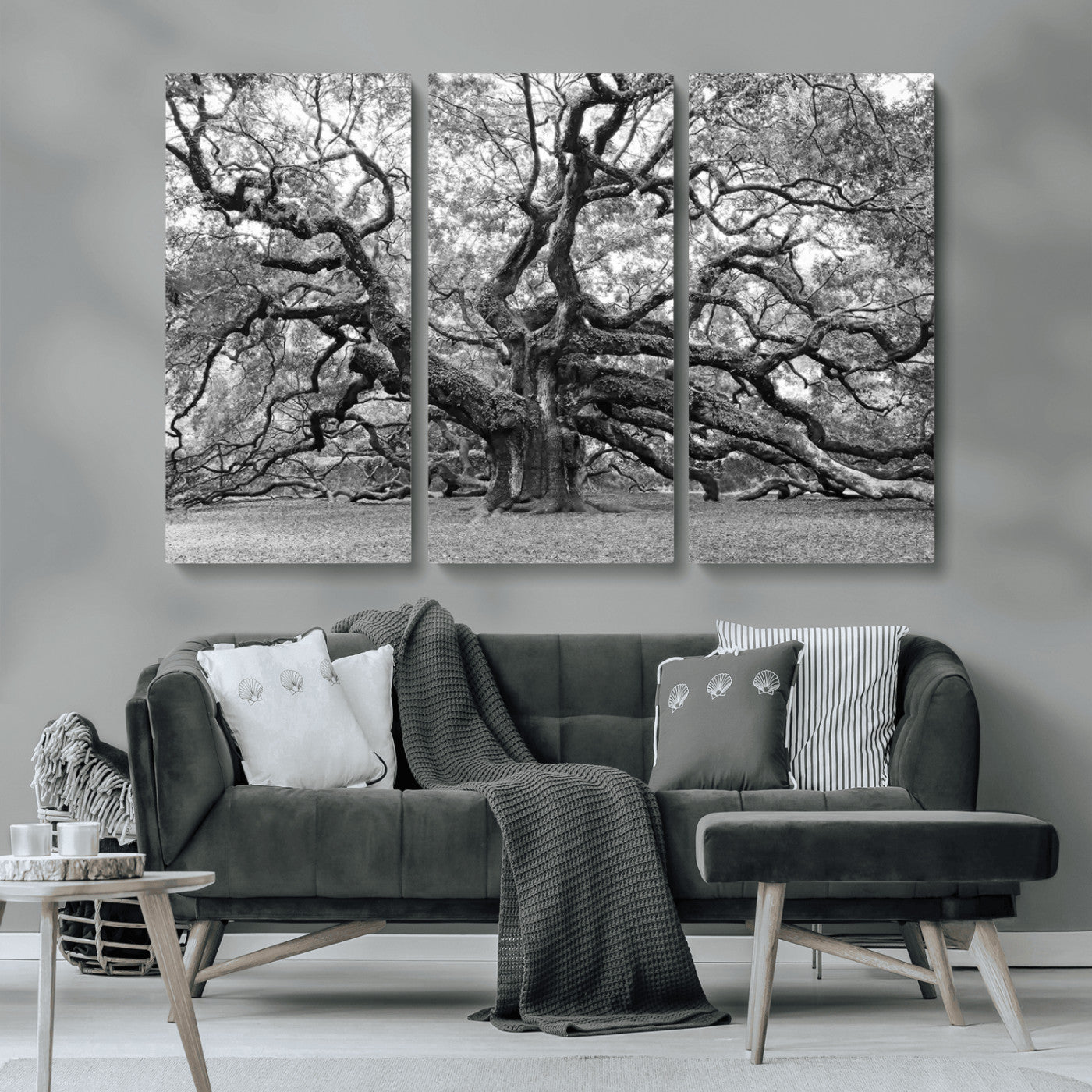 MGV-CV-48X32-3P - Black White Angel Oak Tree Wall Art - Timeless Nature-Inspired Canvas for Rustic, Modern, or