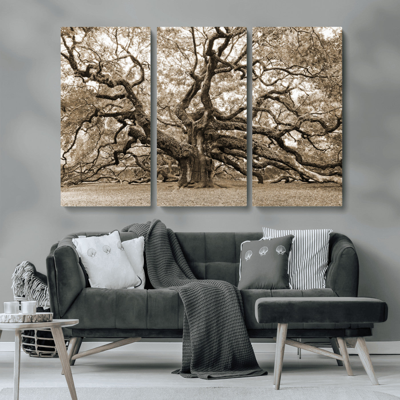 51126-MGV-CV-36X24-Sepia Framed Angel Oak Tree Wall Art - 3-Panel Canvas Prints, Large Green Nature Artwork, Ready to