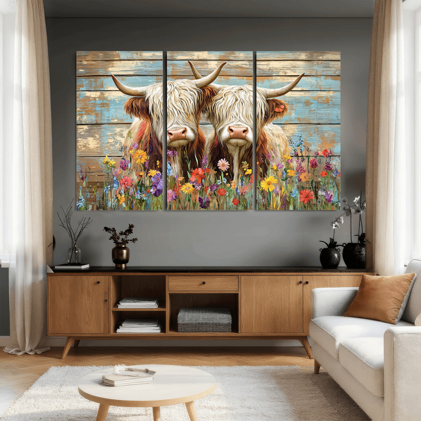 36972-MGV-CV-36X24 - Cute Highland Cow Canvas Wall Art - Rustic Farmhouse Decor with Colorful Flowers Perfect Wall Art