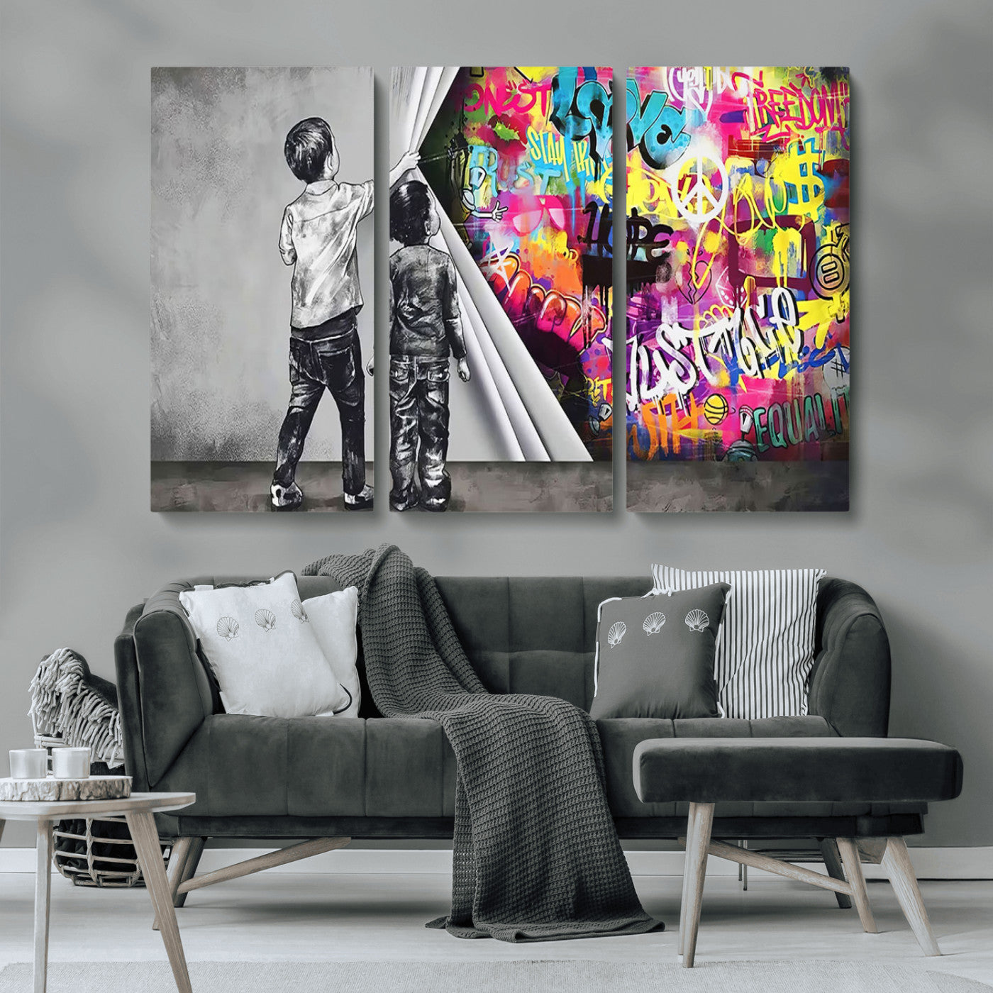 MGV-CV-48X32-3P - Banksy Print - Street Art Canvas Wall Art - Kids Revealing Graffiti, Urban Modern Decor for Living