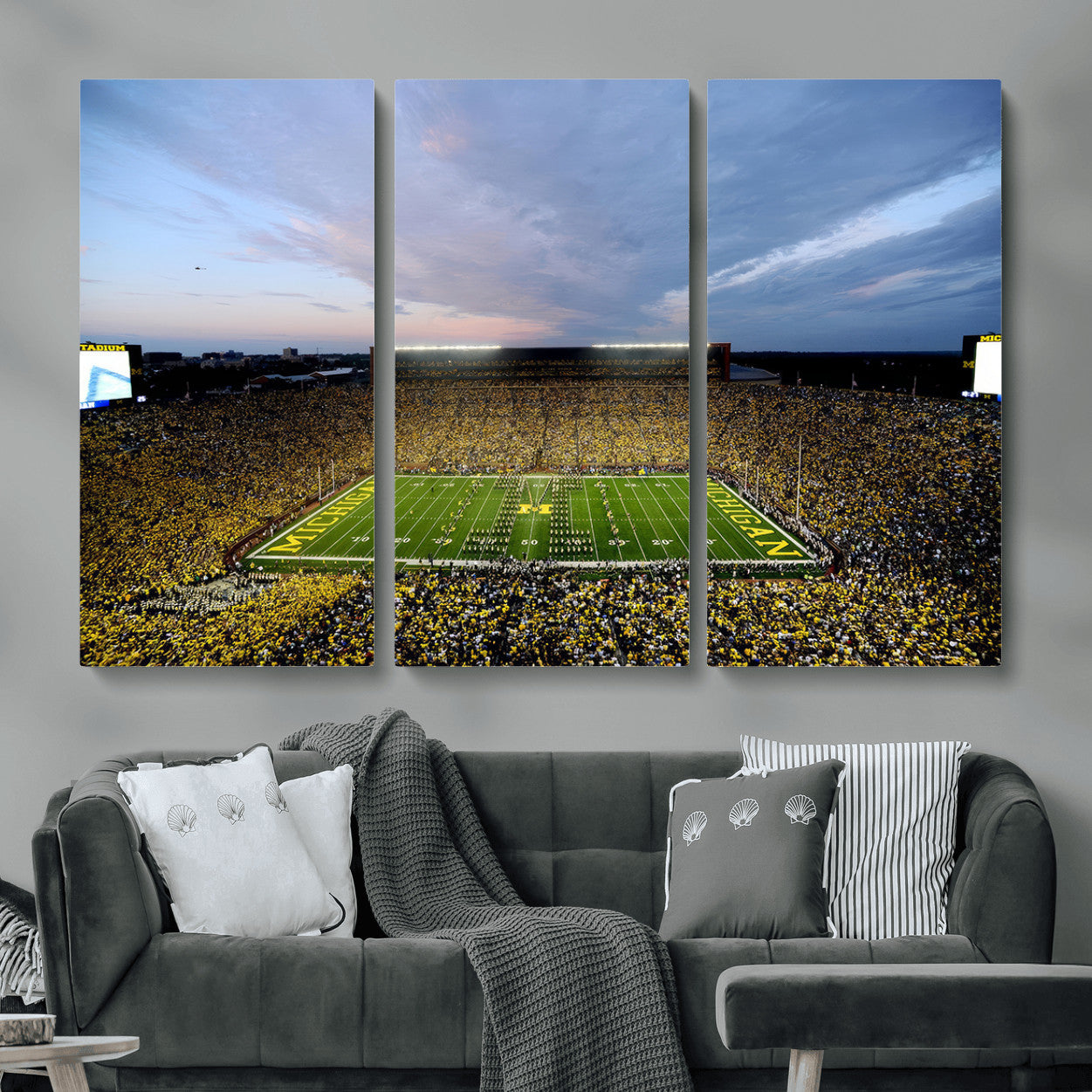 82641-MGV-CV-48X32-3P - Michigan Stadium Wall Art Canvas Print, Vibrant Game Day Crowd and Sunset Sky Football Field Artwork for Home, Office