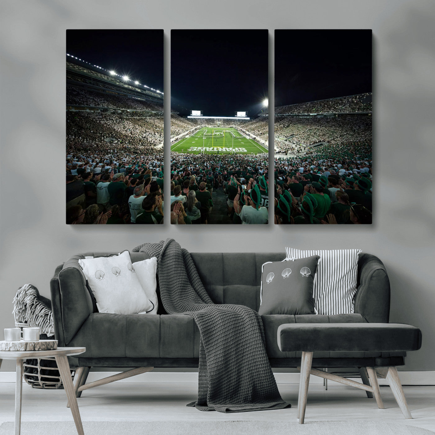 MGV-CV-48X32-3P - Framed Michigan State Spartans Football Team Print - East Lansing Spartan Stadium Wall Art Canvas