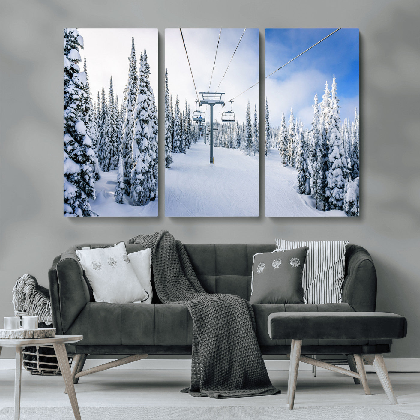 MGV-CV-48X32-3P - Winter Ski Lift Wall Art Print - Landscape Wall Art | Snowy Mountain Adventure | Perfect for Cabin