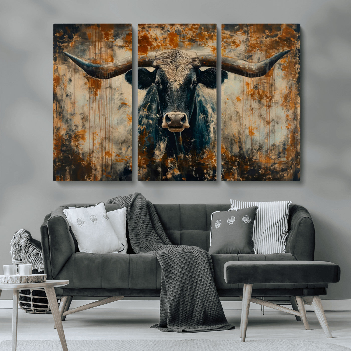 MGV-CV-48X32-3P - Abstract Longhorn Bull Wall Art | Rustic Western Wall Decor | Framed and Ready to Hang | Ideal for