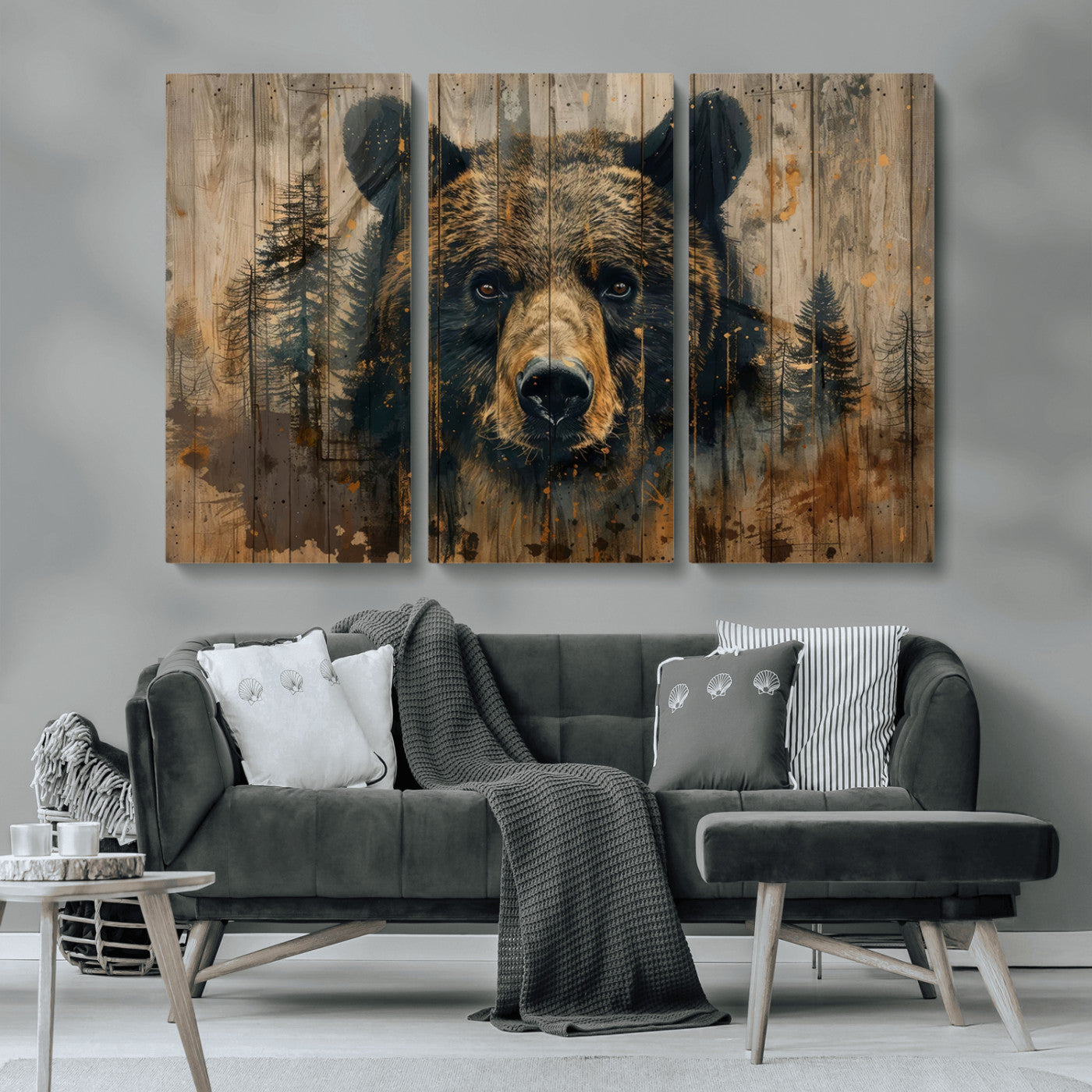 MGV-CV-48X32-3P - Abstract 399 Bear Wall Art | Rustic Cabin Wall Decor with Forest Design | Framed and Ready to Hang |