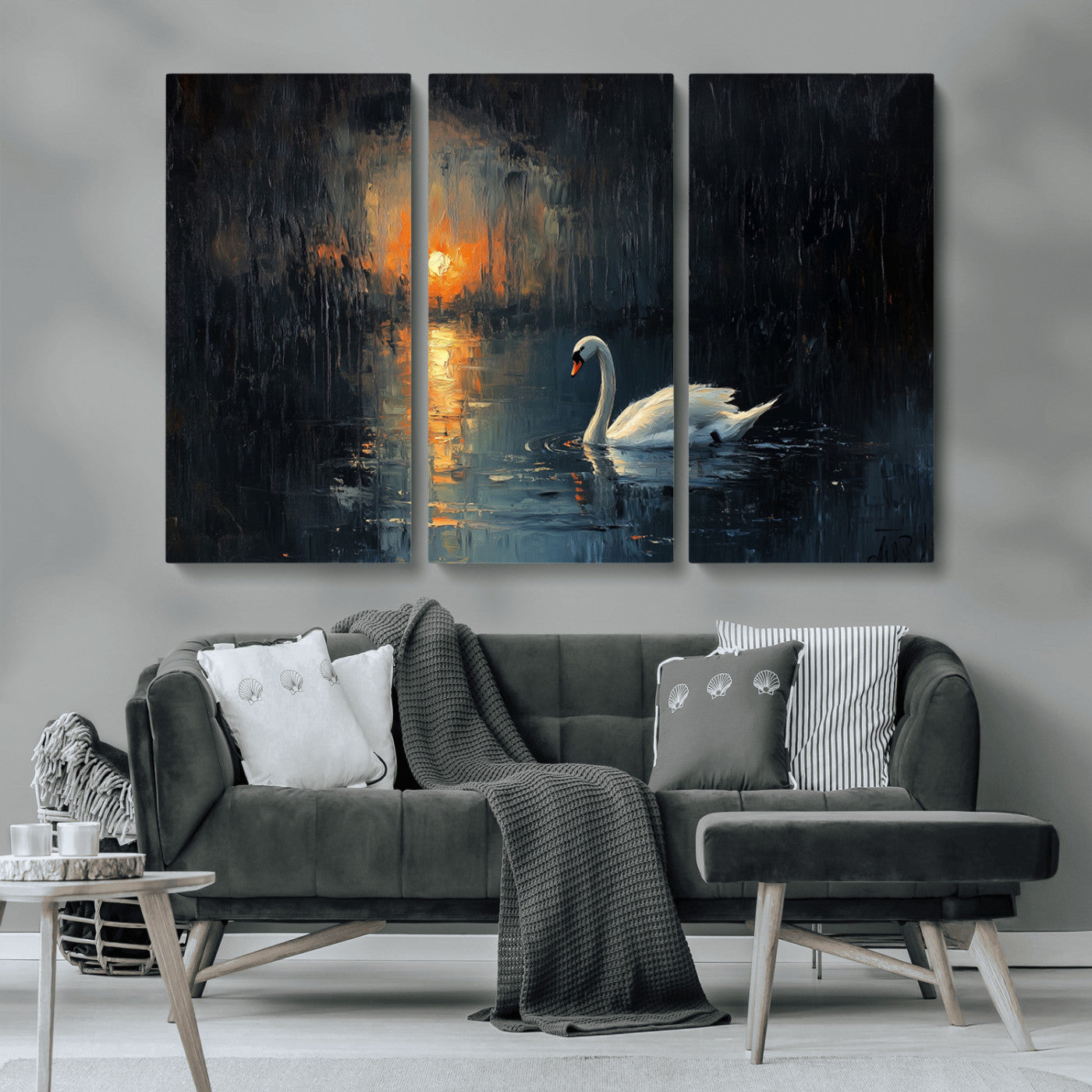 MGV-CV-48X32-3P - Abstract Swan on Water Wall Art Canvas Print - Elegant Nature Scene for Modern Home Decor