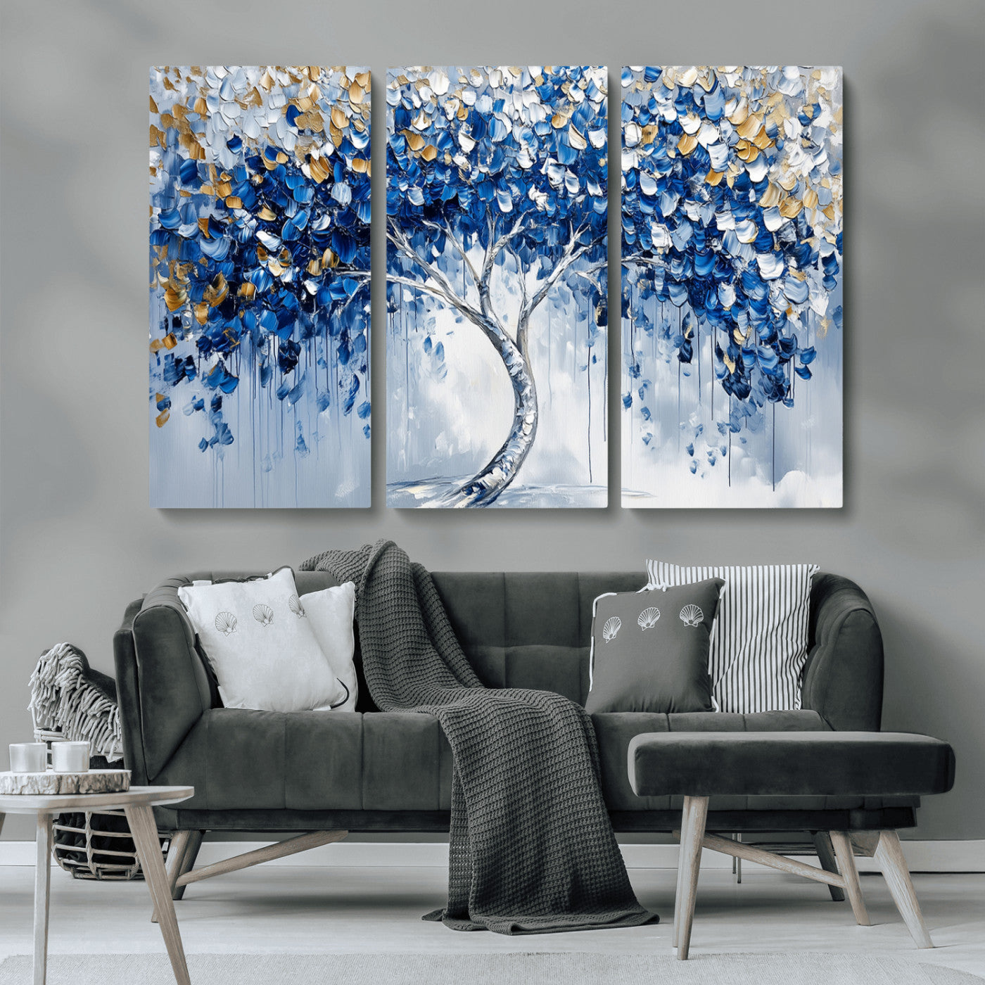 MGV-CV-48X32-3P - Blue and Gold Abstract Tree Wall Art Canvas Print | Modern Tree of Life Painting | Framed Canvas