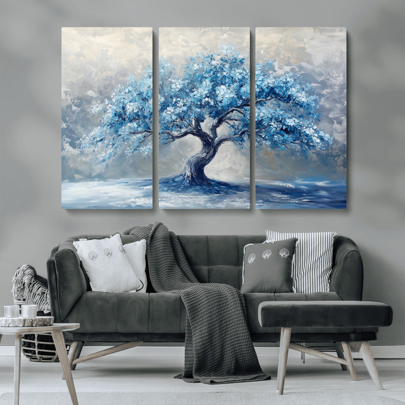 MGV-CV-48X32-3P - Abstract Blue Tree Art Canvas Print, Majestic Tree Wall Art Print for Farmhouse Decor